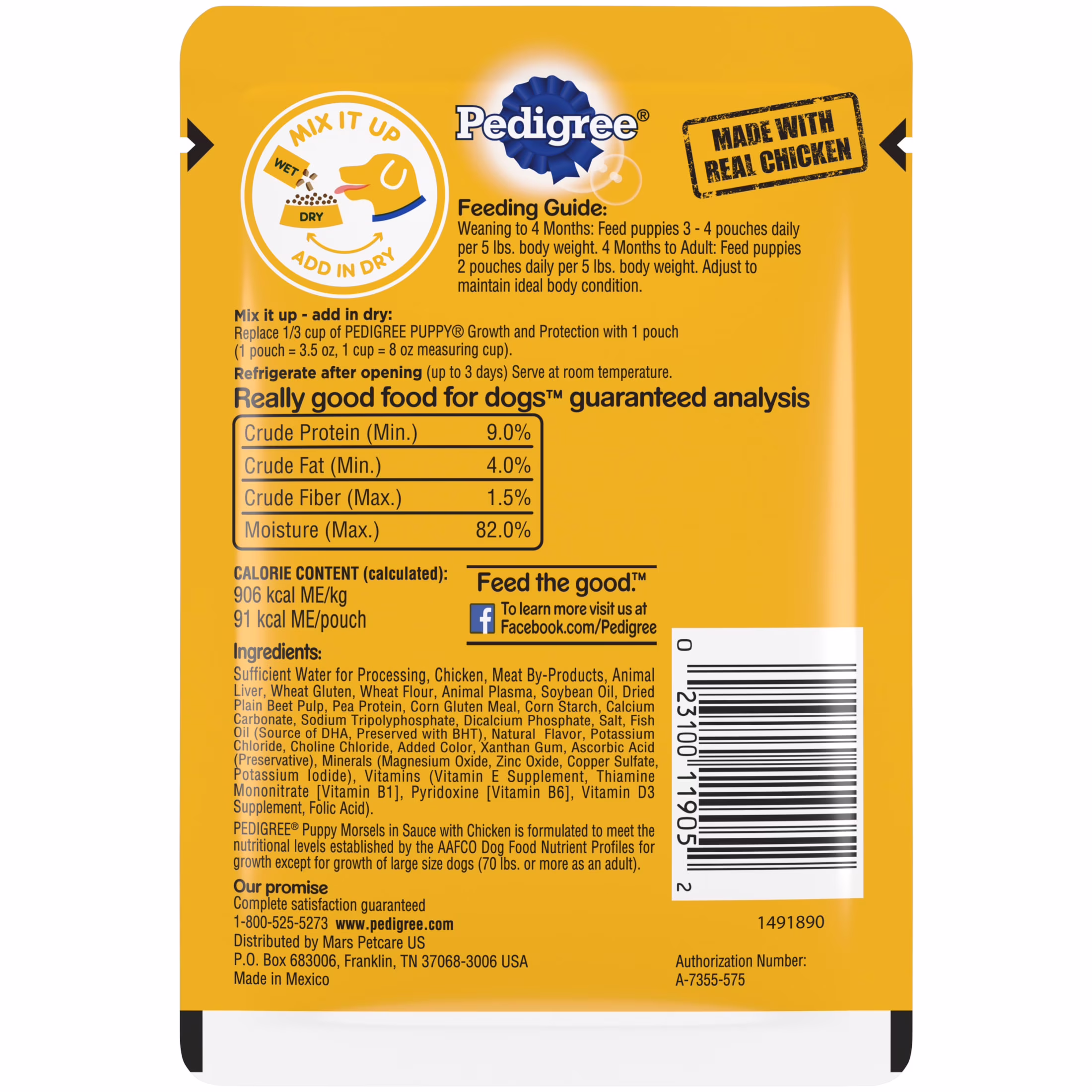 Pedigree Puppy Food Morsels in Sauce, Wet Dog Food, Chicken Flavor, 3.5 oz. Pouches