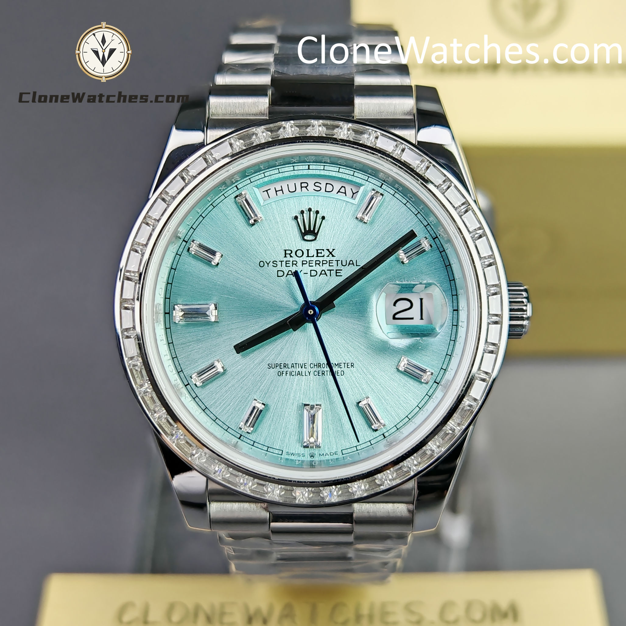 Rolex Super Clone Watches 1:1 Day Date Ice Blue Diamond Bezel Dial 40mm 228396TBR 3255 Movement