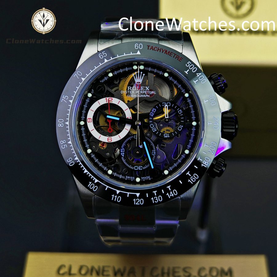 Modified Super Clone Watches 1:1 Sonic Rolex Daytona Black Skeleton Dial 4130