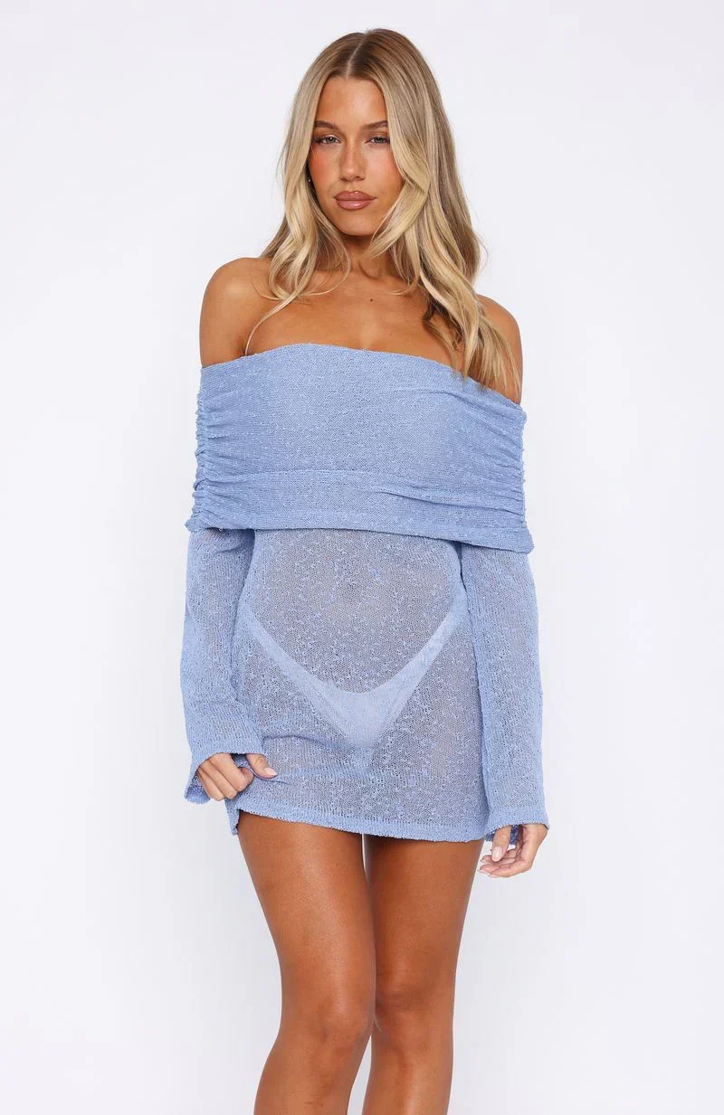 Can't Leave Me Long Sleeve Boucle Mini Dress Cornflower Blue
