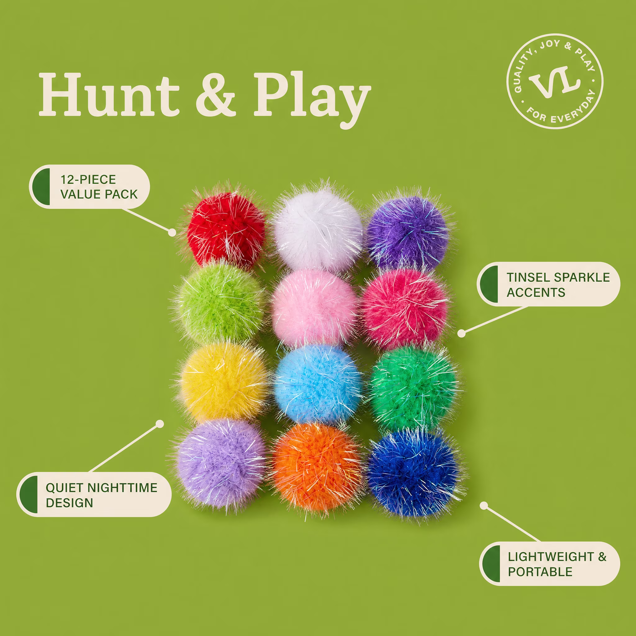 Vibrant Life Value Pack Sparkle Pompom Cat Toys, 12 Count
