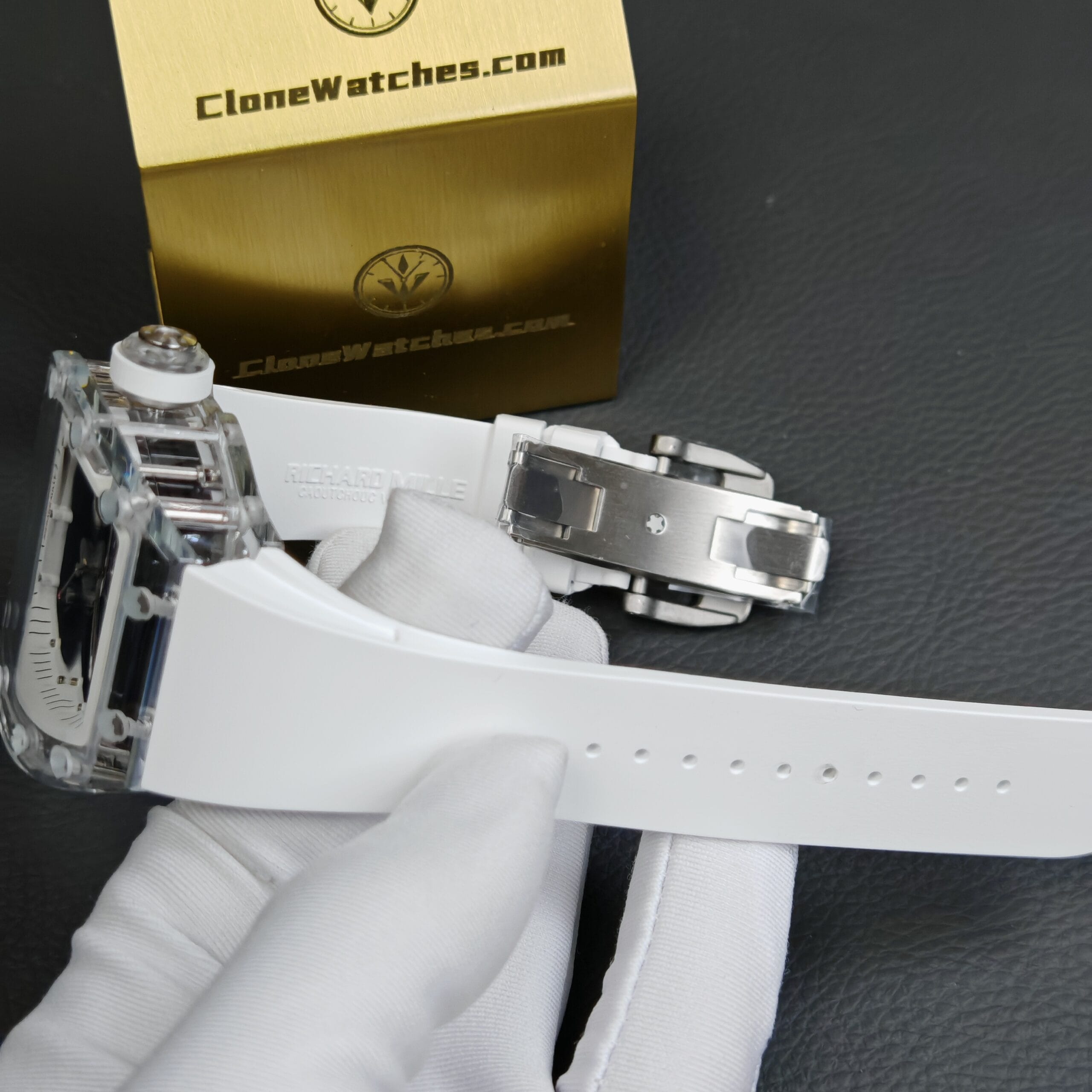 Richard Mille Super Clone Watches 1:1 RM 055 Full Transparent Tourbillon White Strap