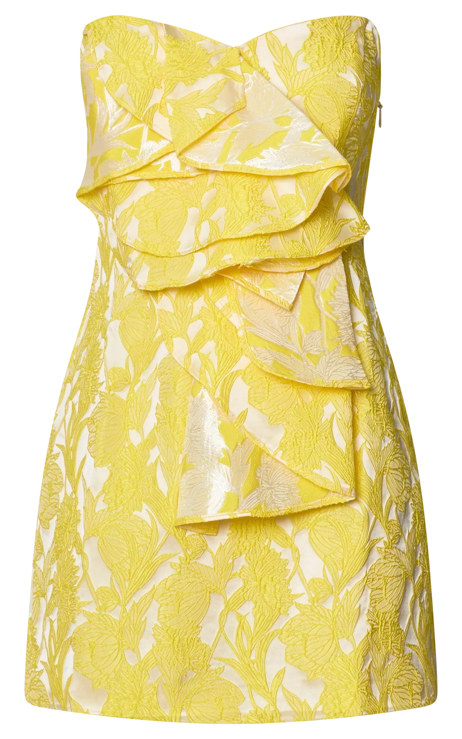 Amalie The Label - Frederika Strapless Ruffle Detail Jacquard Mini Dress in Yellow