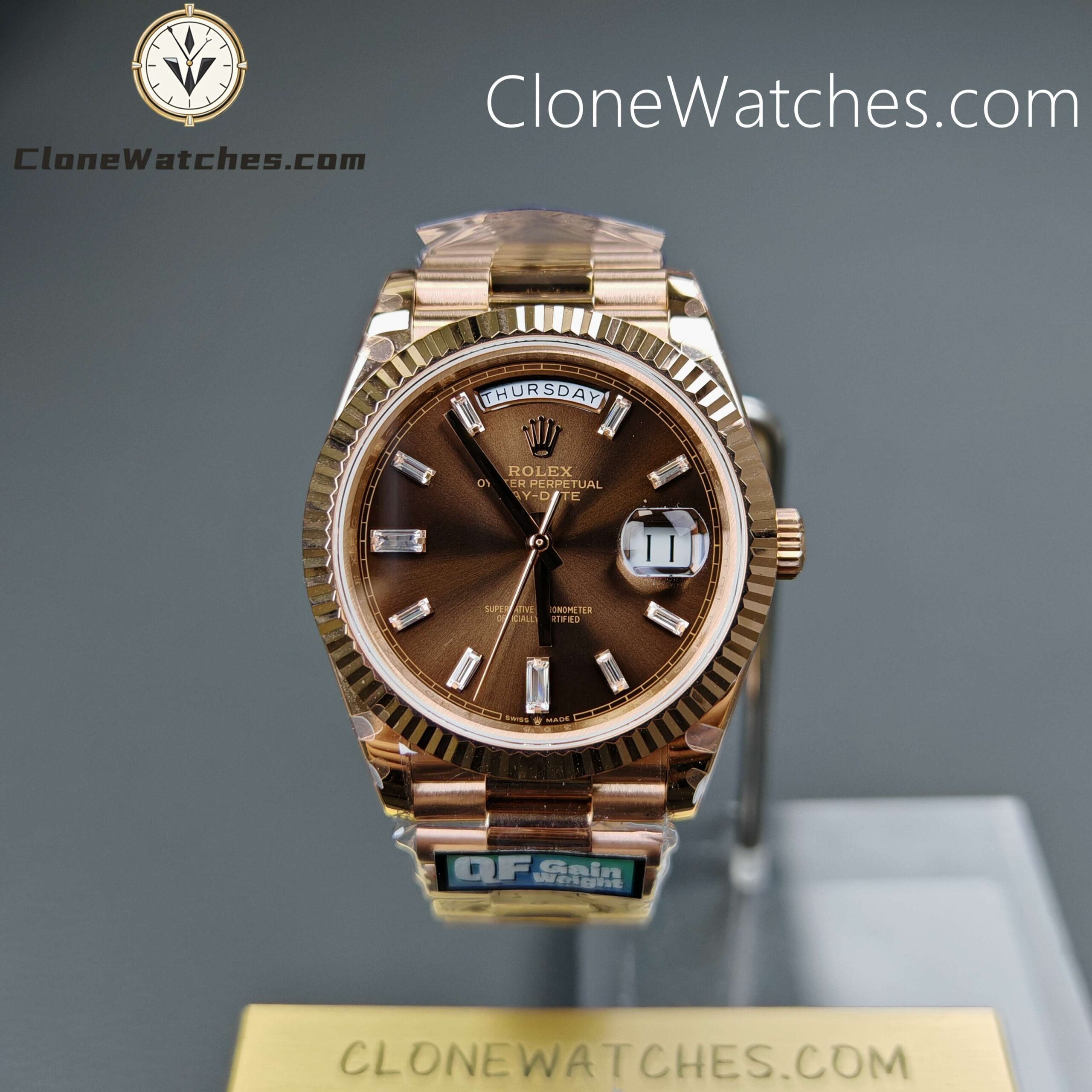 Rolex Super Clone Watches 1:1 Day Date 18K Rose Gold Diamond Chocolate Dial 40mm m228235 3255 Movement