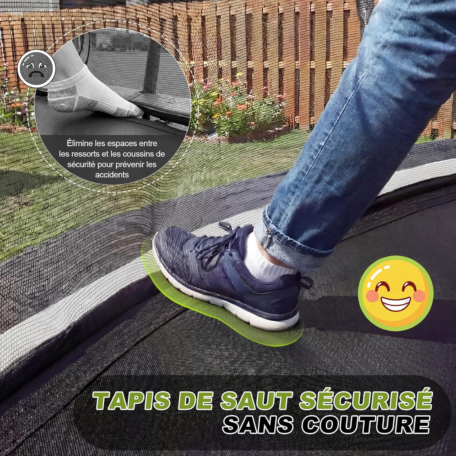 Trampoline extérieur 228 305 366 427 cm filet sécurité charge 150 kg