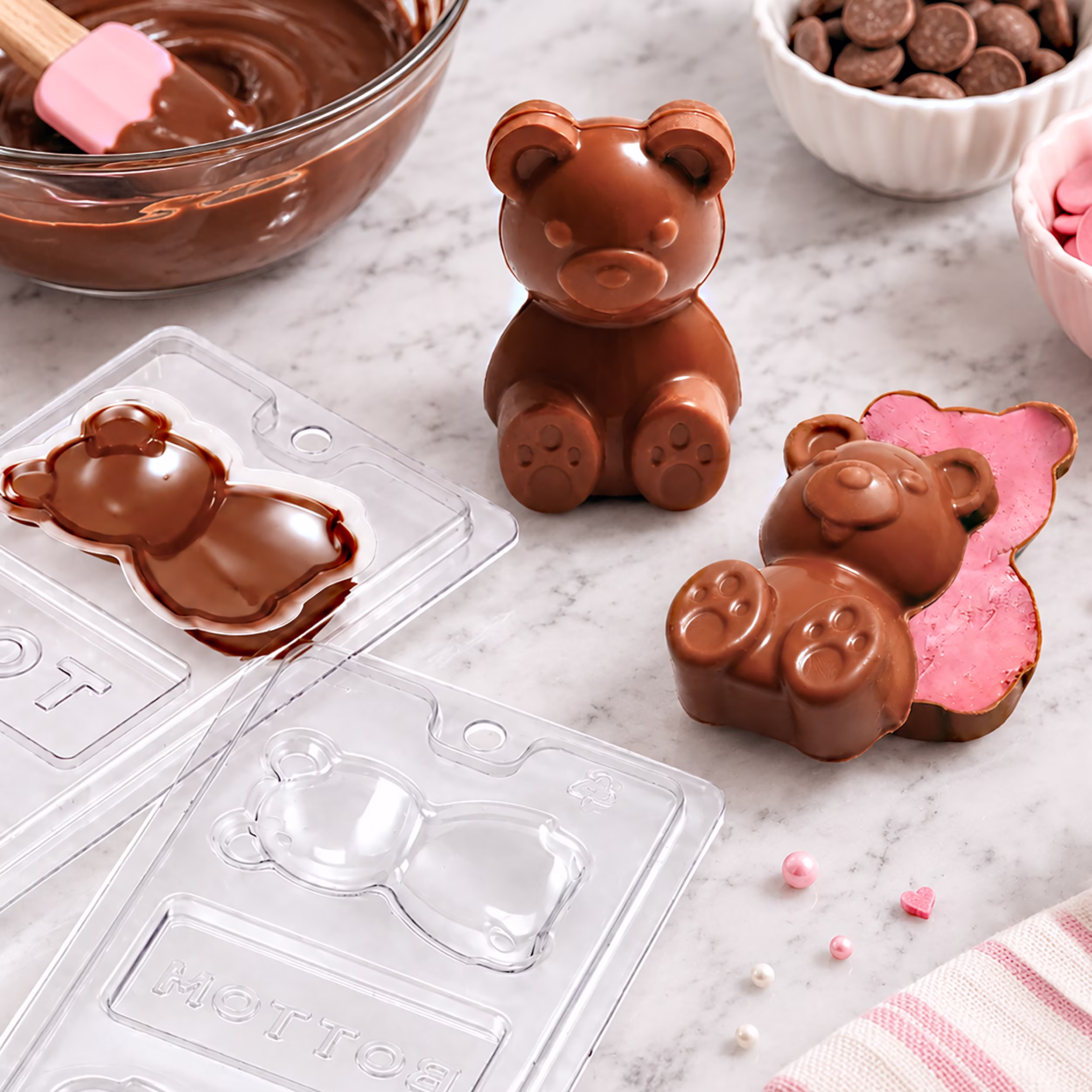 4 x 8 IN, Teddy Bear Shape, Plastic Candy Mold Set, Includes: 2 Rigid Plastic Molds (Top and Bottom), 2 Flexible Plastic Inserts for Each Cavity, by Way To Celebrate