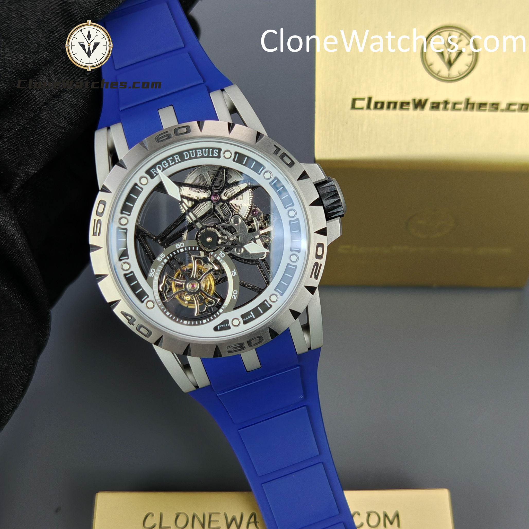 Roger Dubuis Super Clone Watches 1:1 Excalibur Skeleton Tourbillon RDDBEX0479 45MM Blue Strap