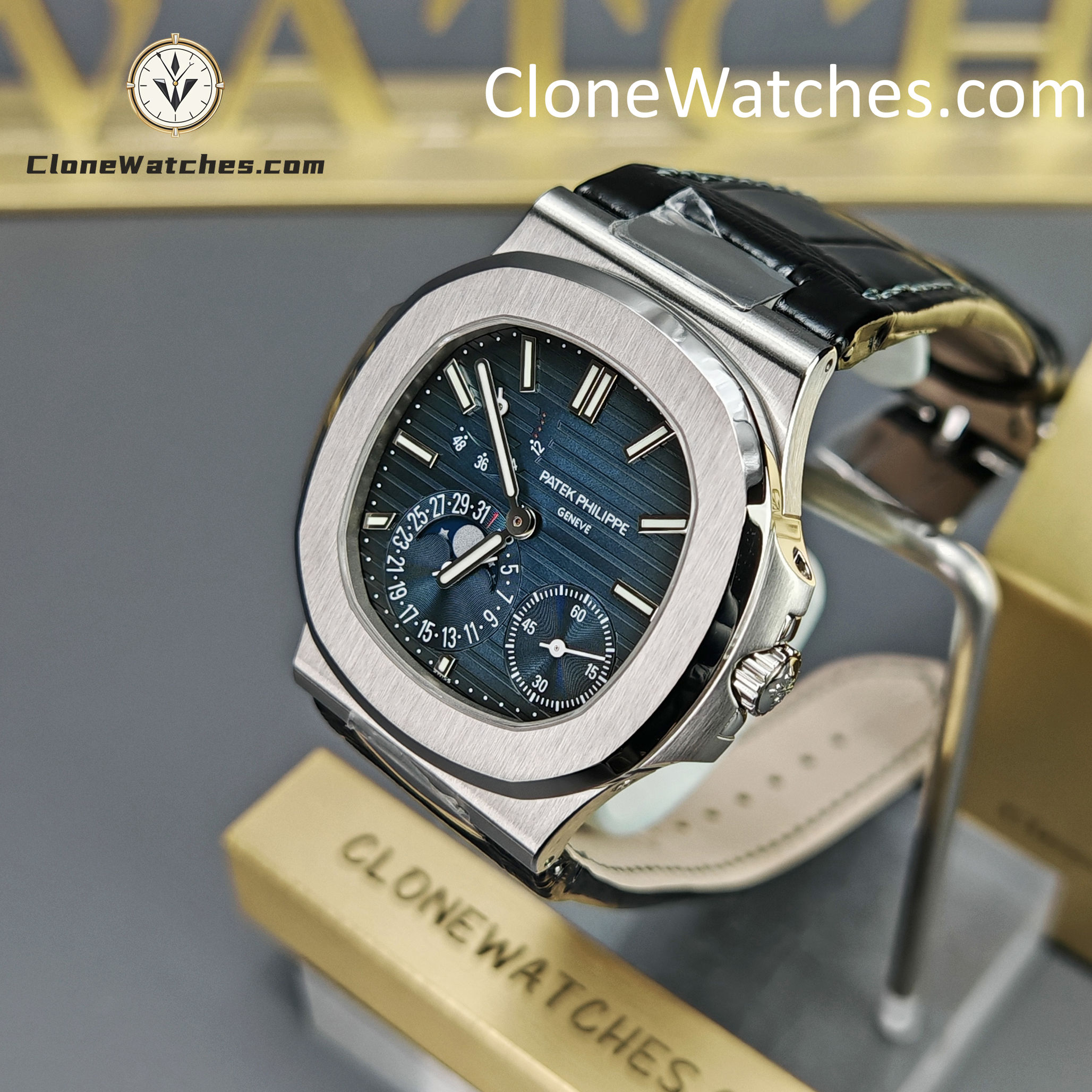Patek Philippe Super Clone Watches 1:1 Nautilus 5712 Blue Dial Black Leather Strap