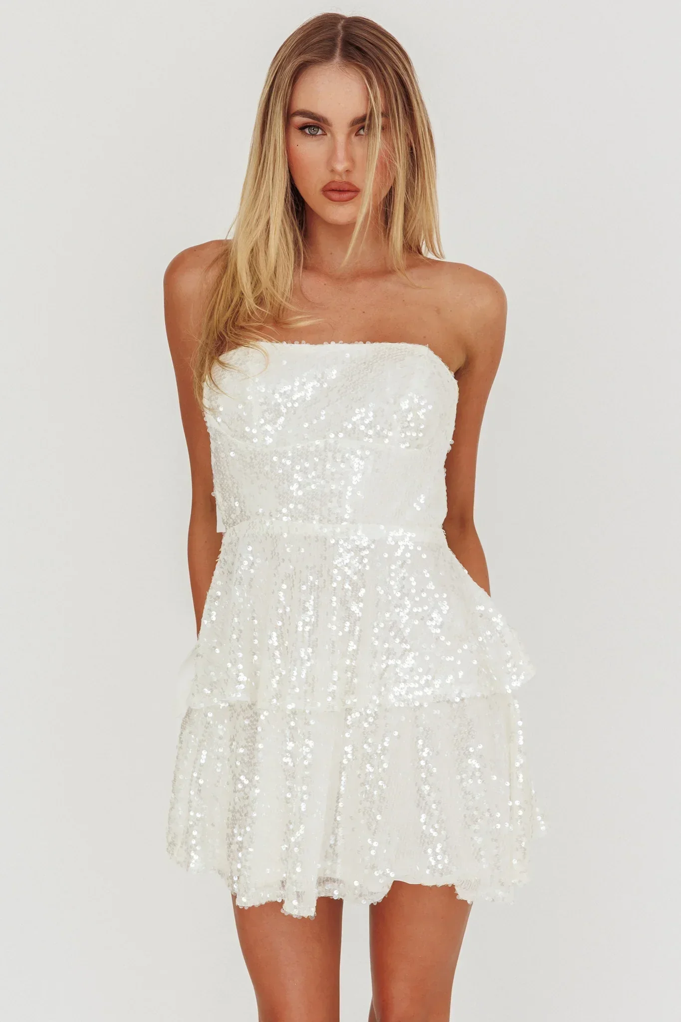 Provence Bloom Tiered Sequin Mini Dress White