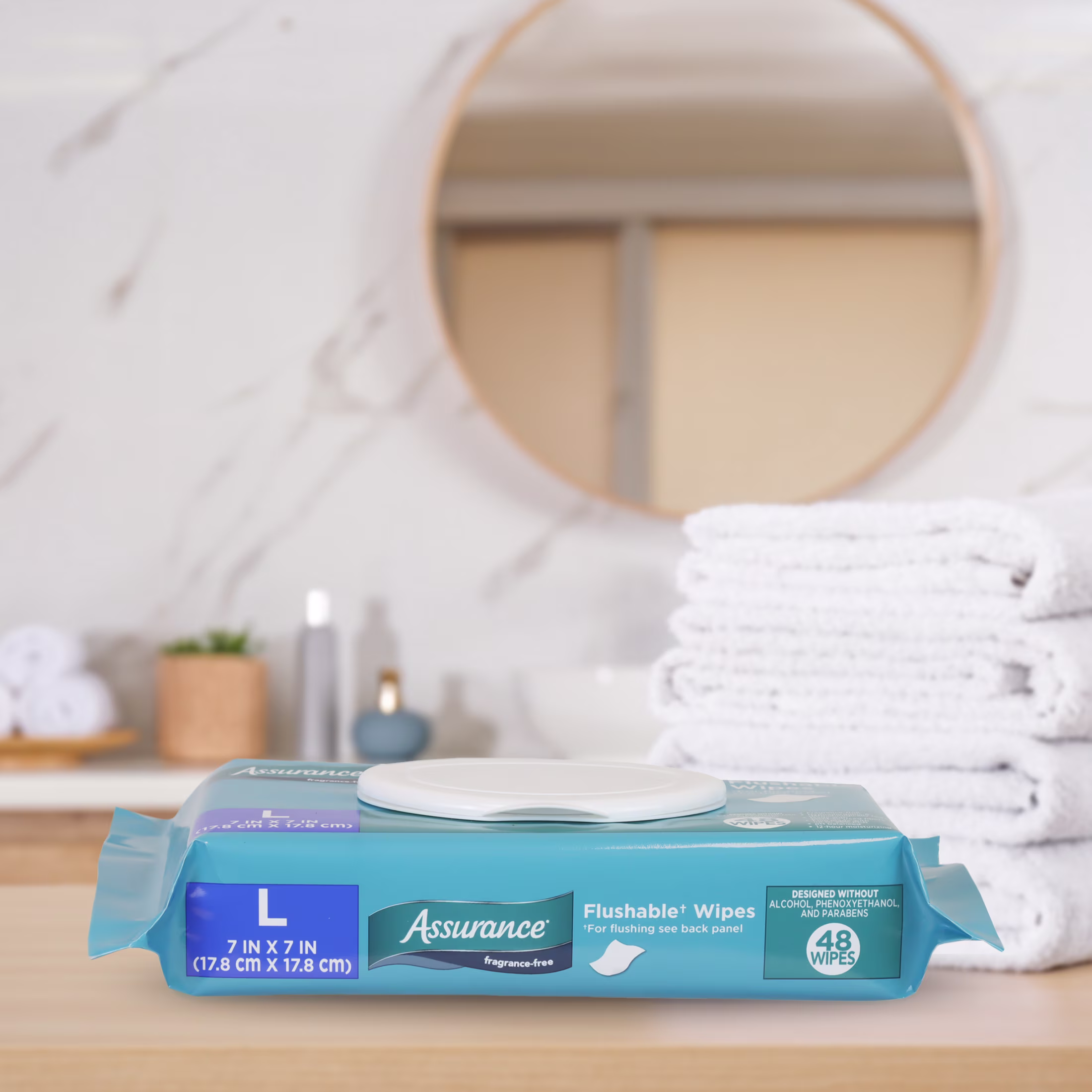 Assurance Large Flushable Wet Wipes, Fragrance Free, 48 Count