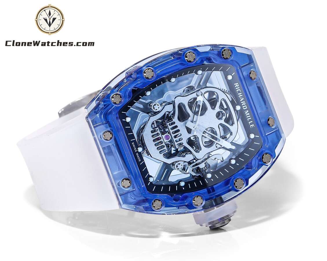 Richard Mille Super Clone Watches 1:1 RM 052 Blue Crystal Full Transparent Tourbillon White Strap