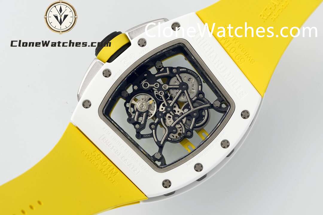 Richard Mille Super Clone Watches 1:1 RM 61-01 White Tourbillon Yellow Strap