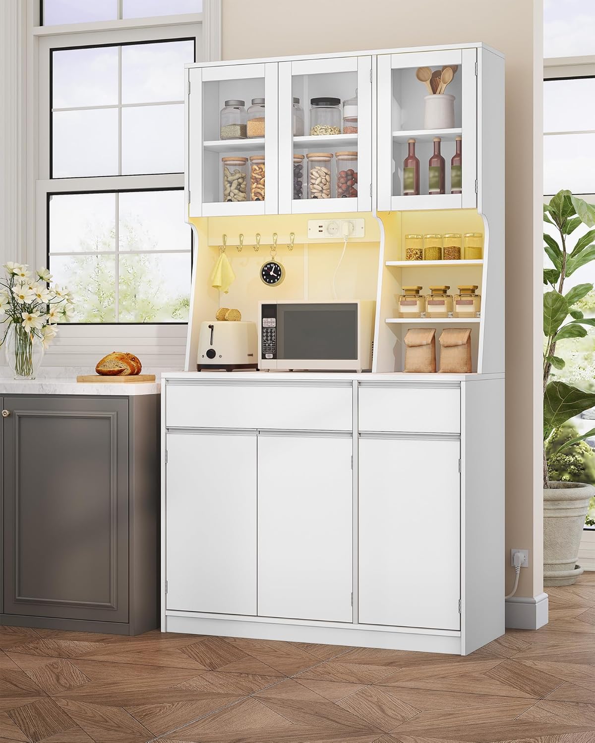 Buffet haut vaisselier avec prises LED plans travail tiroirs 40x100x180 cm blanc