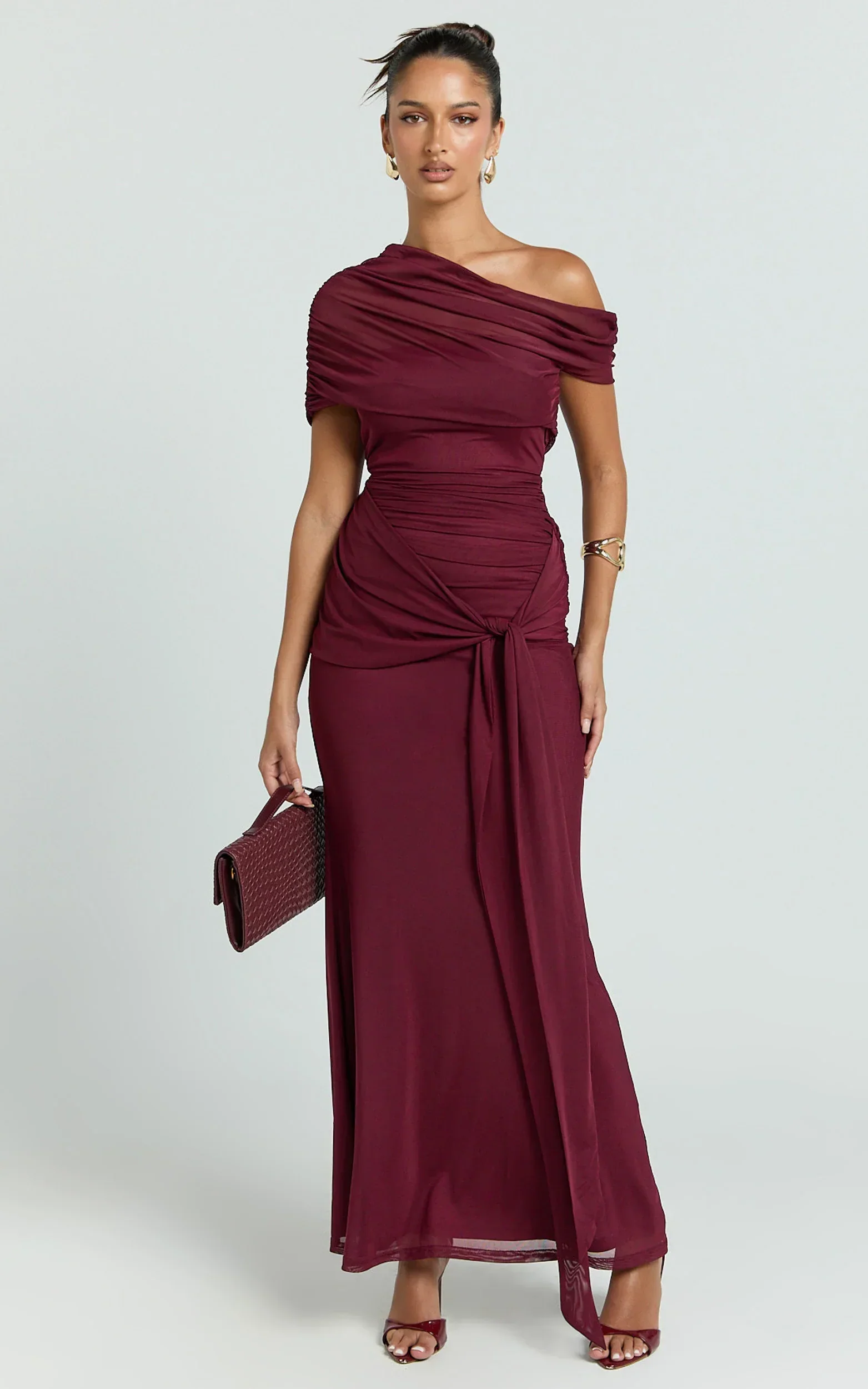 Nicolette Maxi Dress - Cape Sleeve Off Shoulder Dress in Wine
