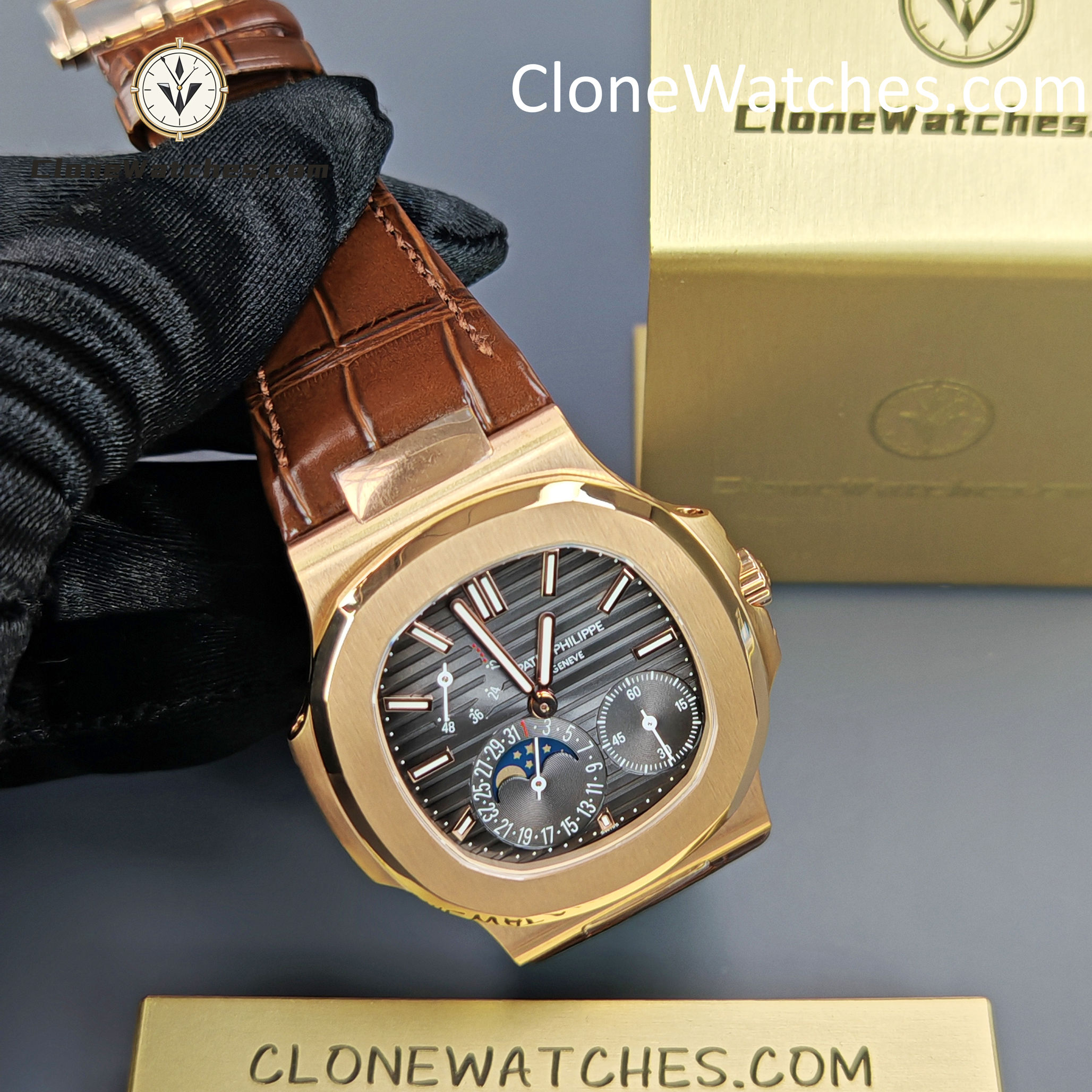 Patek Philippe Super Clone Watches 1:1 Nautilus 5712 Grey Dial Brown Leather Strap