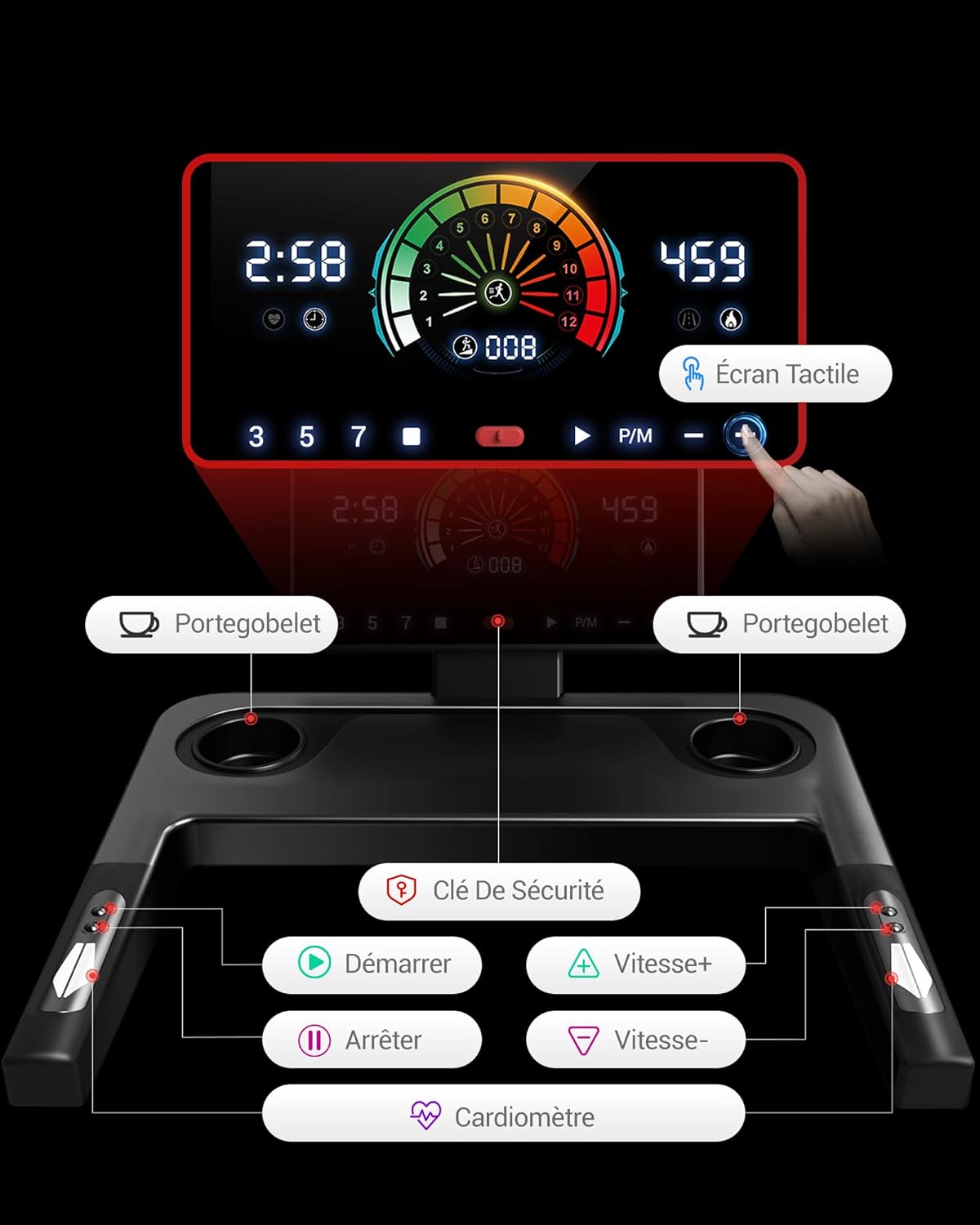 Tapis de course inclinable 16% 14 km/h pliable fréquence cardiaque moteur 35 CV LED charge 180 kg