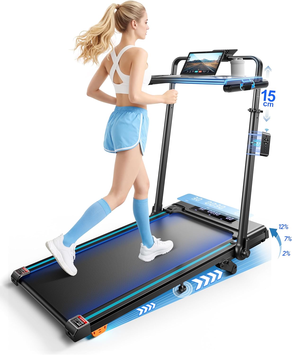 Tapis de course pliable inclinable 12% 6 en 1 table amovible 12 km/h 30 HP poignée télescopique RGB 150 kg