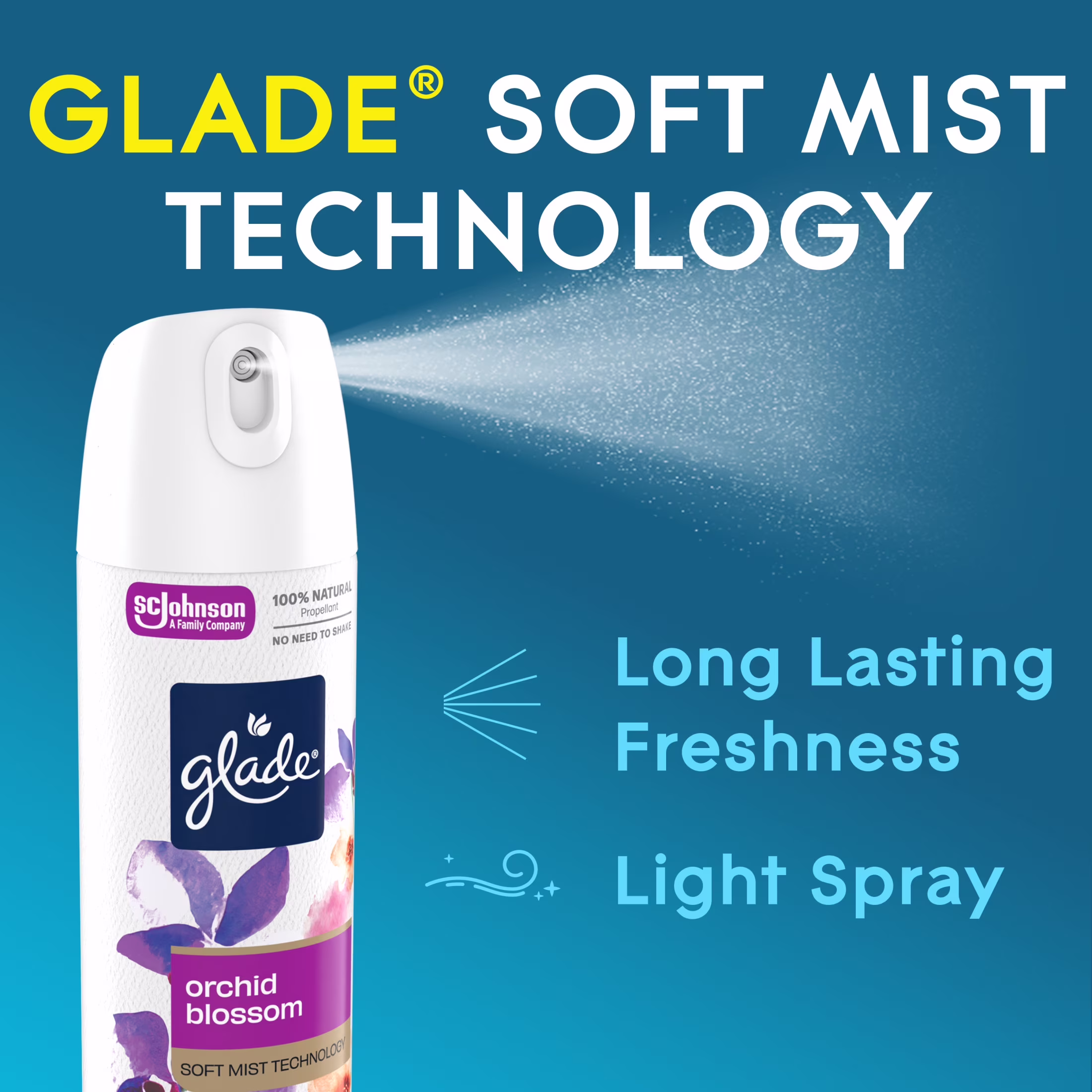 Glade® Soft Mist Odor Fighting Aerosol Air Freshener, Orchid Blossom, 7.3oz, 1 Count