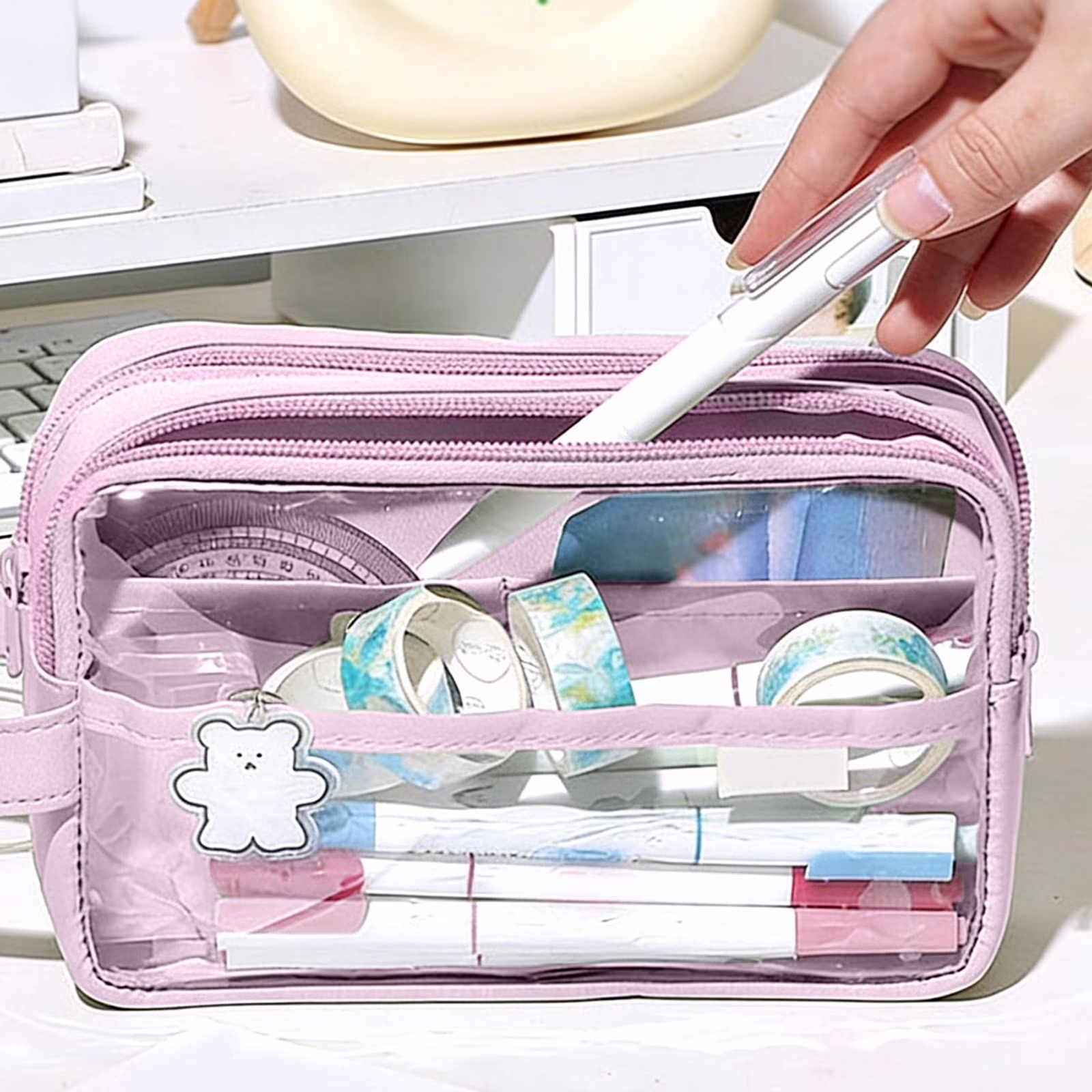 Dmlowu Pencil Pouch, 2 Separate Zippered Compartments Waterproof Pencil Case, Large Capacity Clear Bag for Pens Markers Tape Journal Supplies Badges