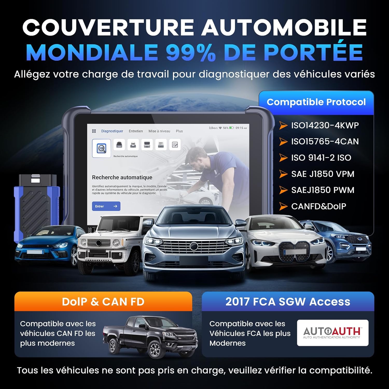 Valise diagnostic auto bidirectionnelle OBD2 codage ECU réinitialisations multiples CANFD DOIP