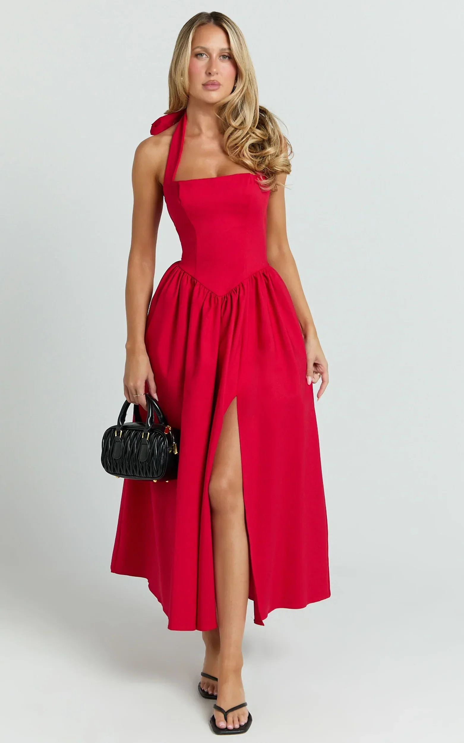 Helda Midi Dress - Halter Tie Neck Corset Panel Dress in Red