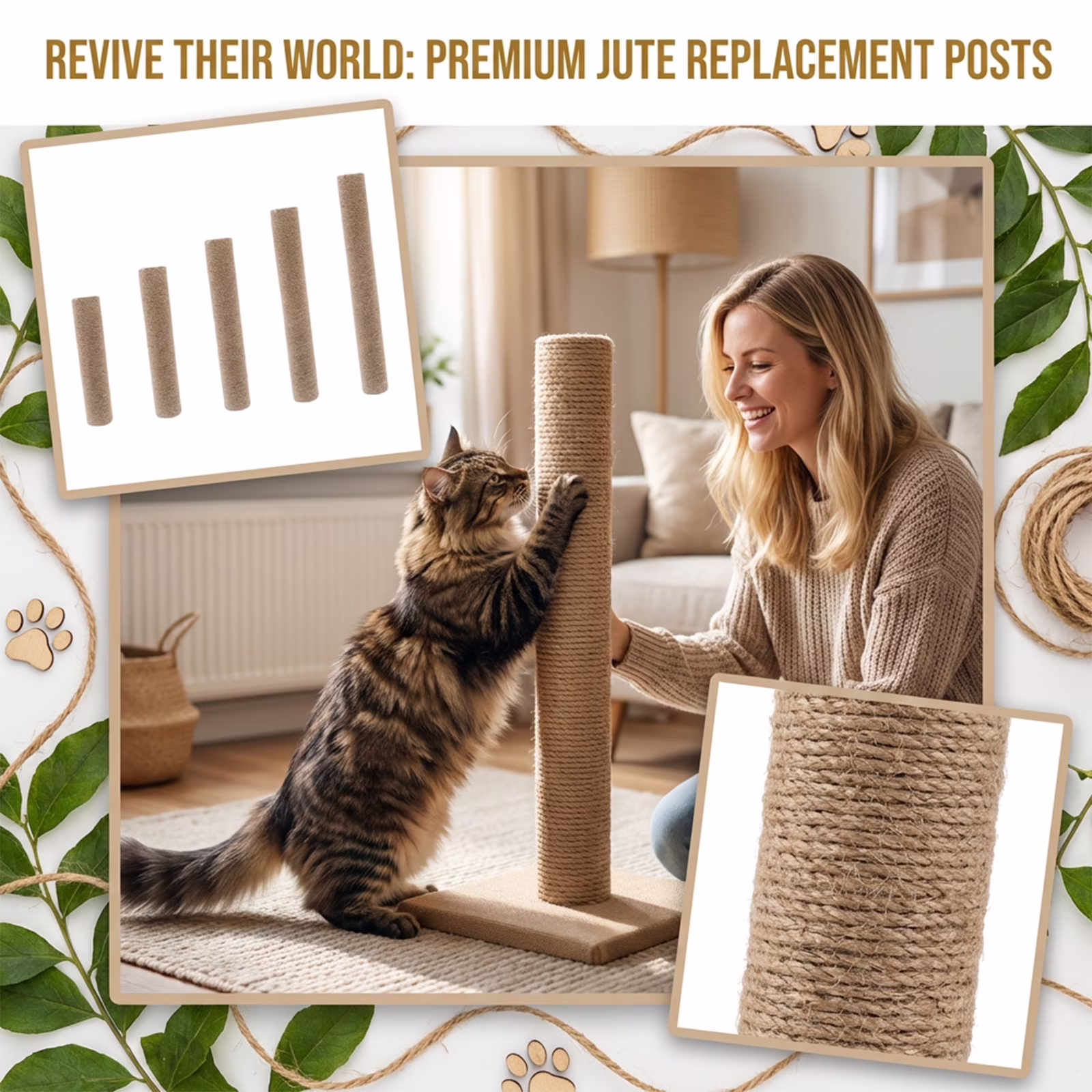 Jute Cat Scratching Post, 15Cm Long (5.9Inch) X 6Cm Diameter (2.4Inch), Cat Scratcher For Cage, Cat Climbing Frame, Cat Toy With Natural Jute Rope For Scratching & Grooming, Cat