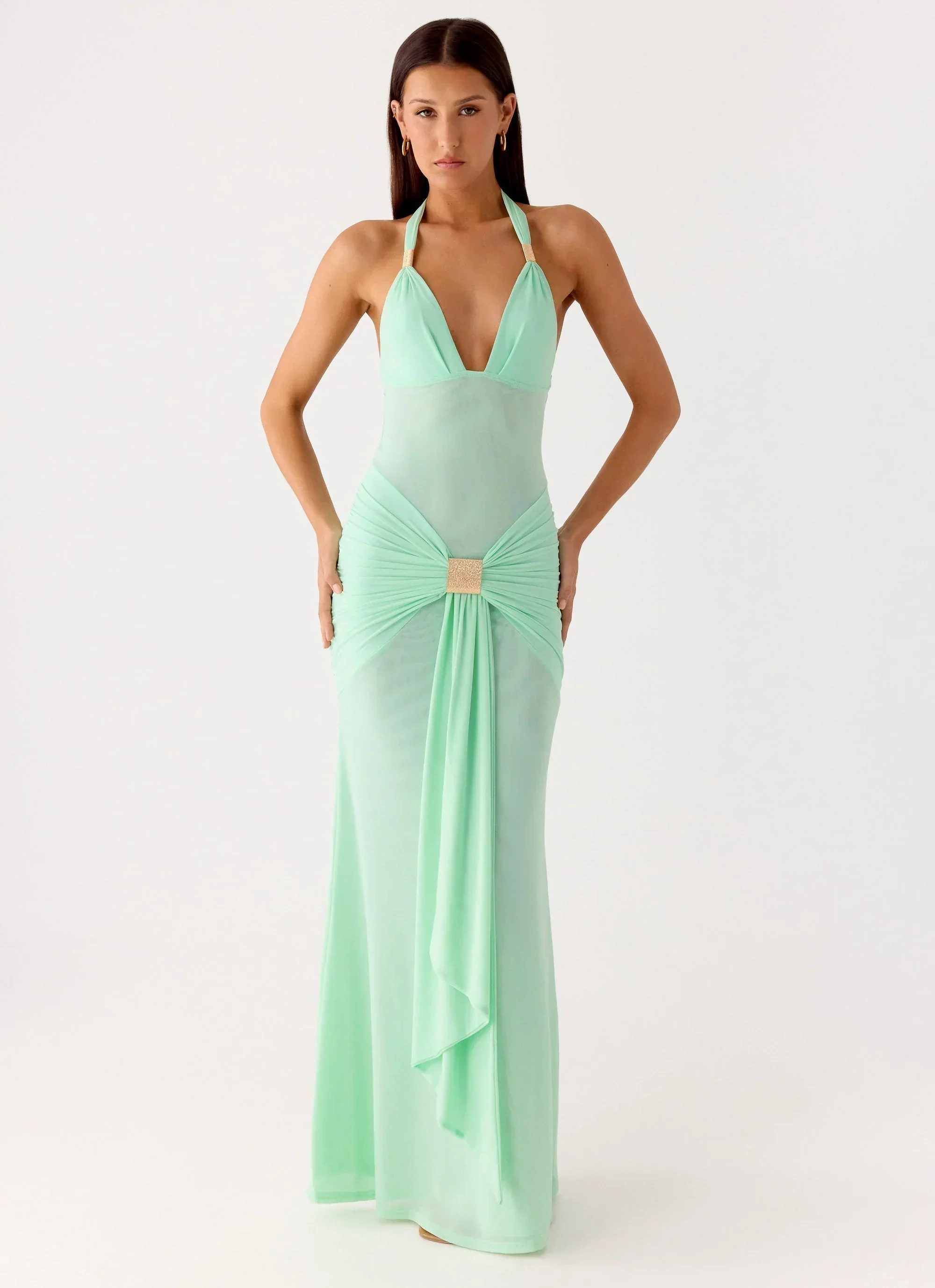 Miyah Halter Hardware Maxi Dress - Mint Blue