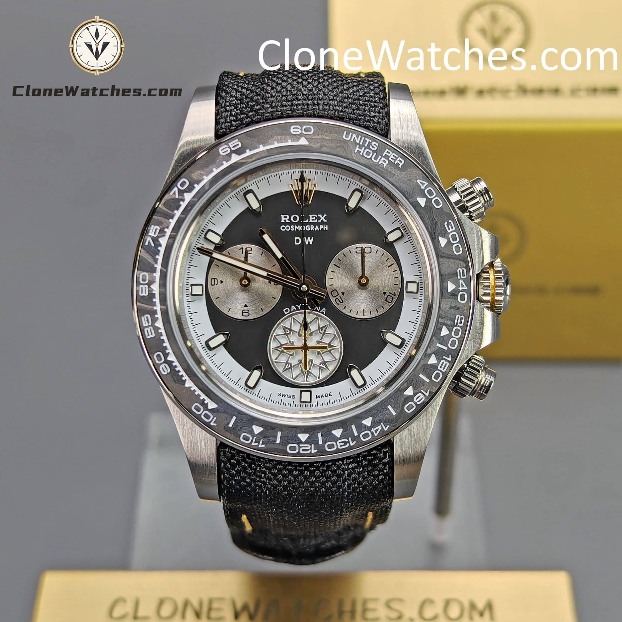 Modified Super Clone Watches 1:1 DiW Rolex Daytona “EXCEPTIONAL UNIQUE” 4130 Movement Black Strap