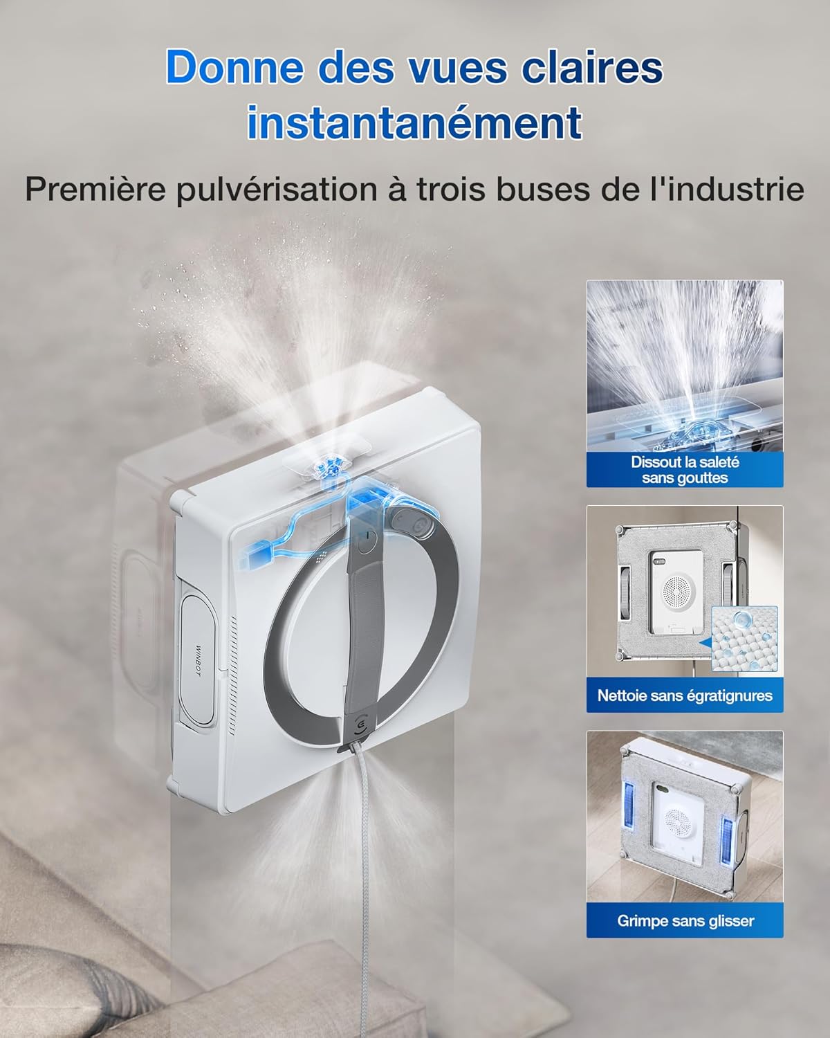 Robot nettoyeur vitres WINBOT W2 Pro Omni station multifonction recharge fonctionnement buse triple protection 12 niveaux