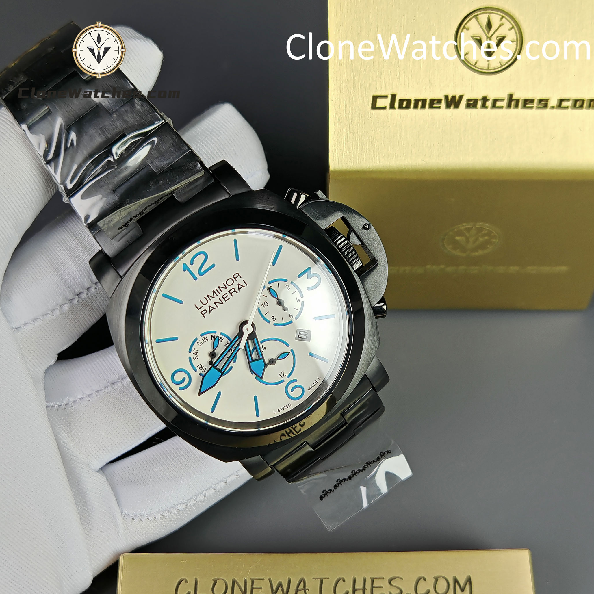 Panerai Super Clone Watches 1:1 White Dial Black Bracelet 44mm