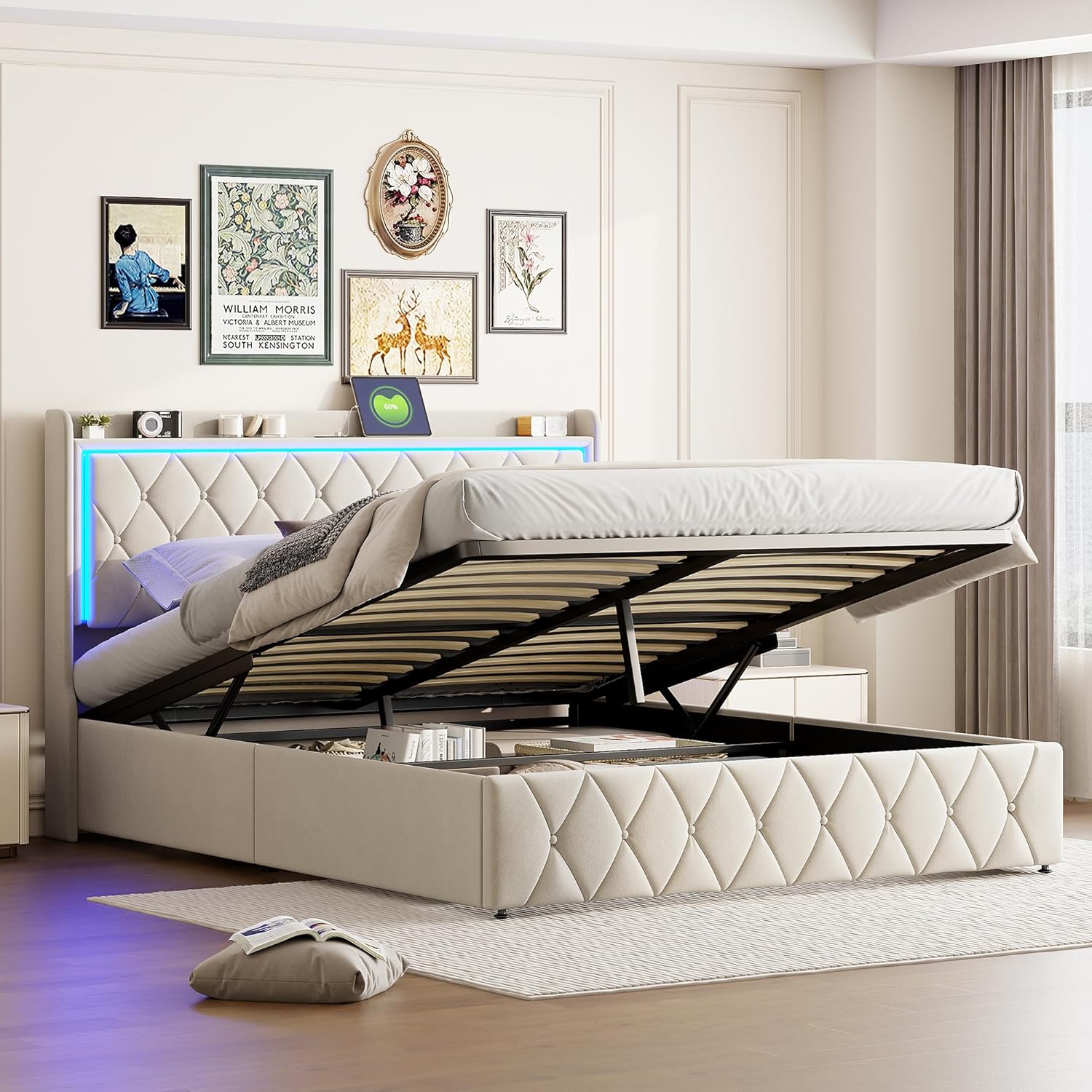 Lit coffre 160x200 cm LED USB tête de lit rangement velours