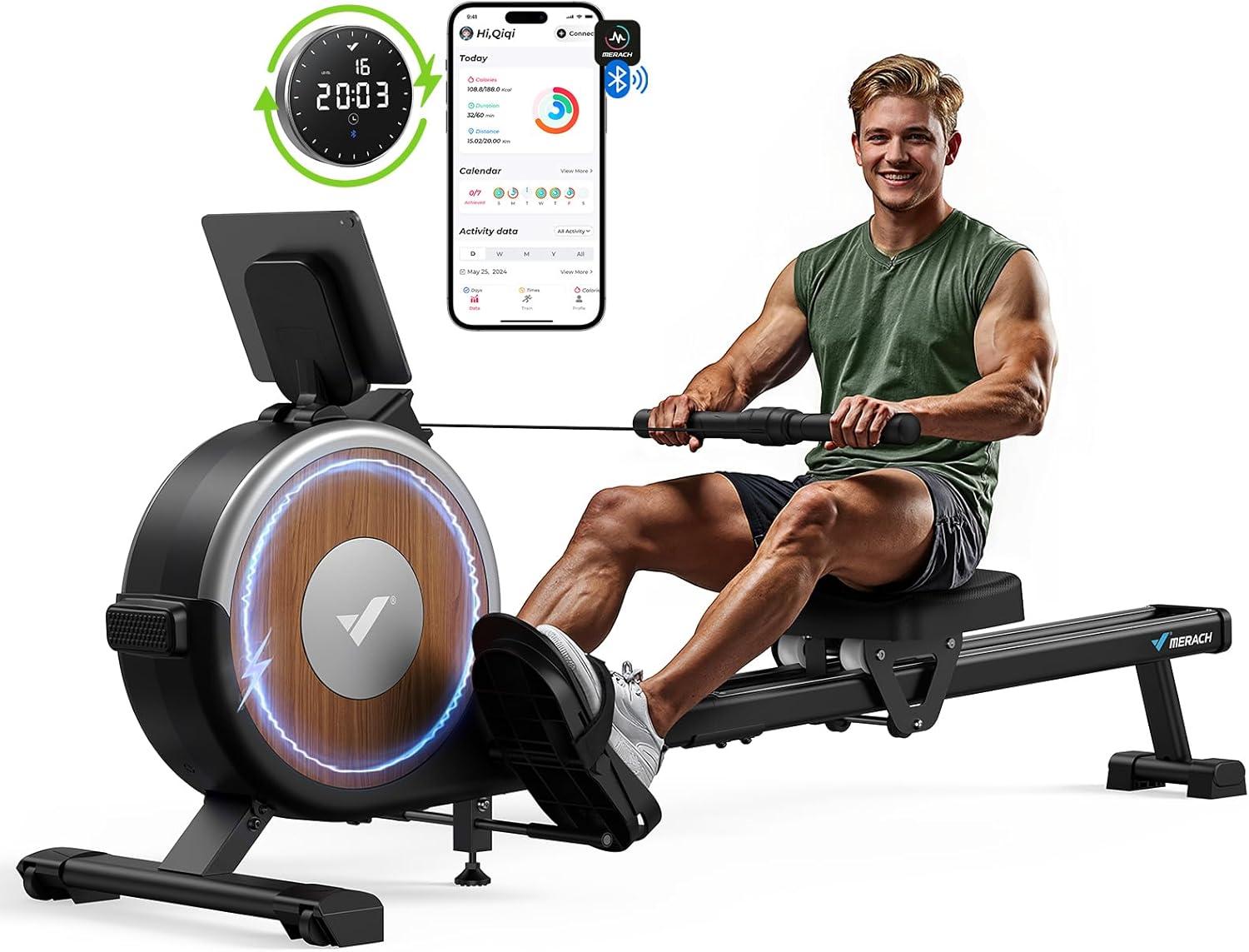 Rameur musculation appartement 16 niveaux résistance magnétique silencieux app rails doubles