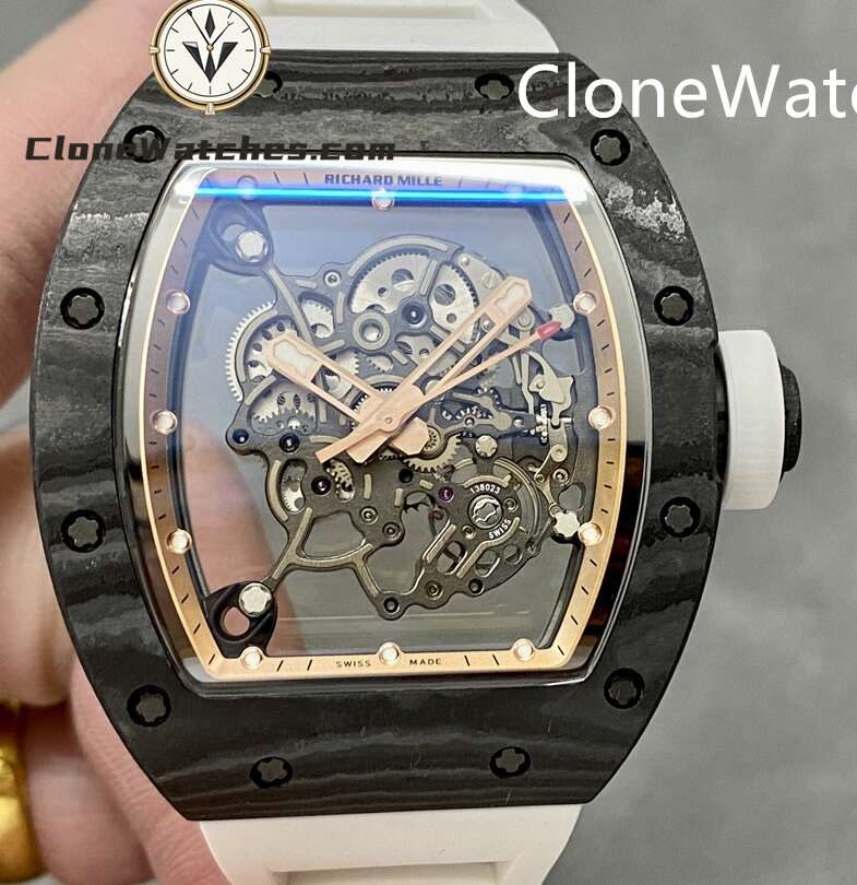 Richard Mille Super Clone Watches 1:1 RM 055 Gold Inner Bezel Carbon Tourbillon White Strap