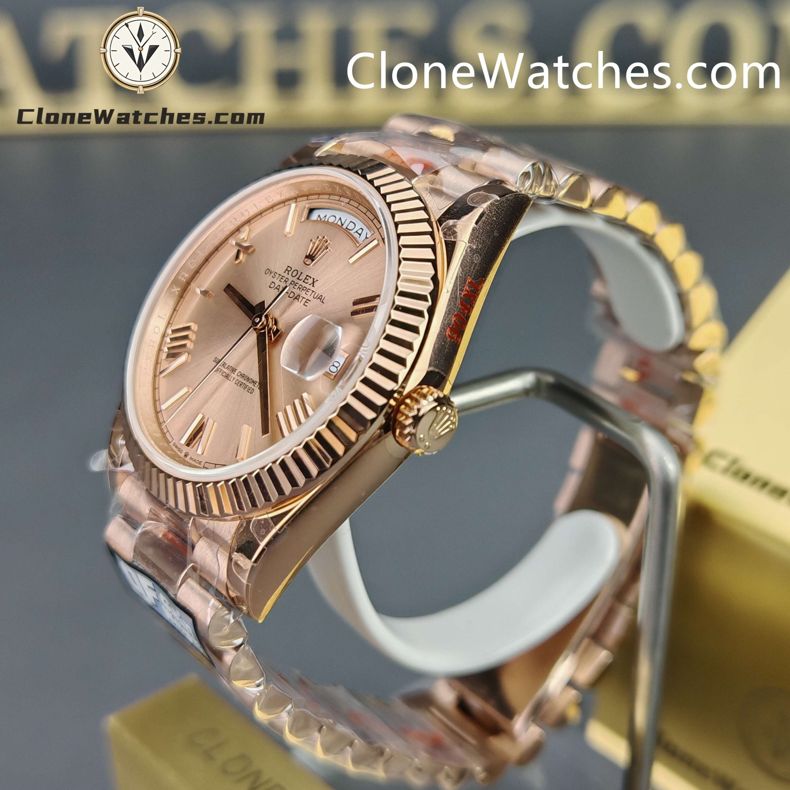 Rolex Super Clone Watches 1:1 Day Date 18K Rose Gold Sundust Roman Dial 40mm m228235 3255 Movement