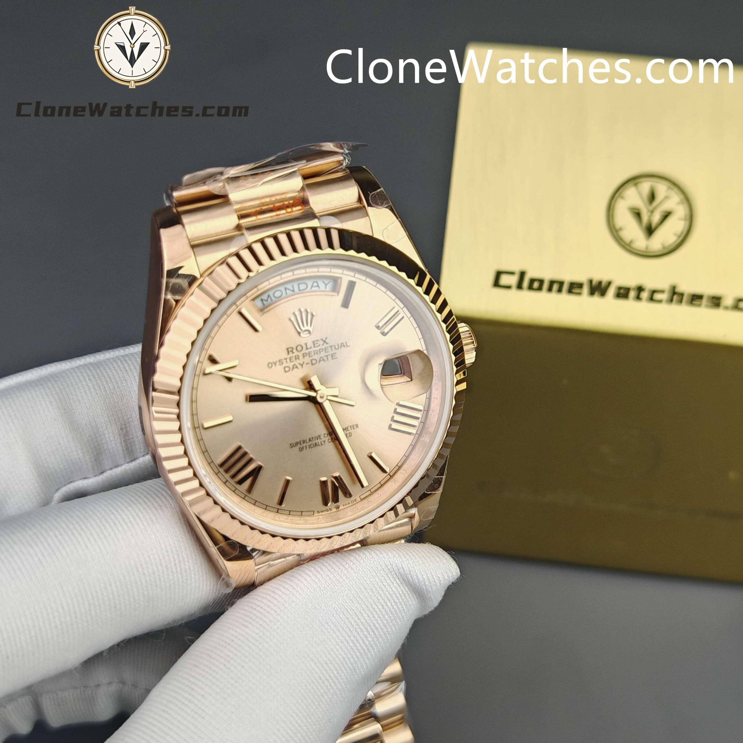 Rolex Super Clone Watches 1:1 Day Date 18K Rose Gold Sundust Roman Dial 40mm m228235 3255 Movement