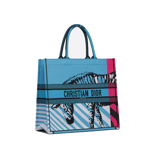 LARGE DIOR BOOK TOTE Bright Blue and Bright Pink D-Jungle Pop Embroidery