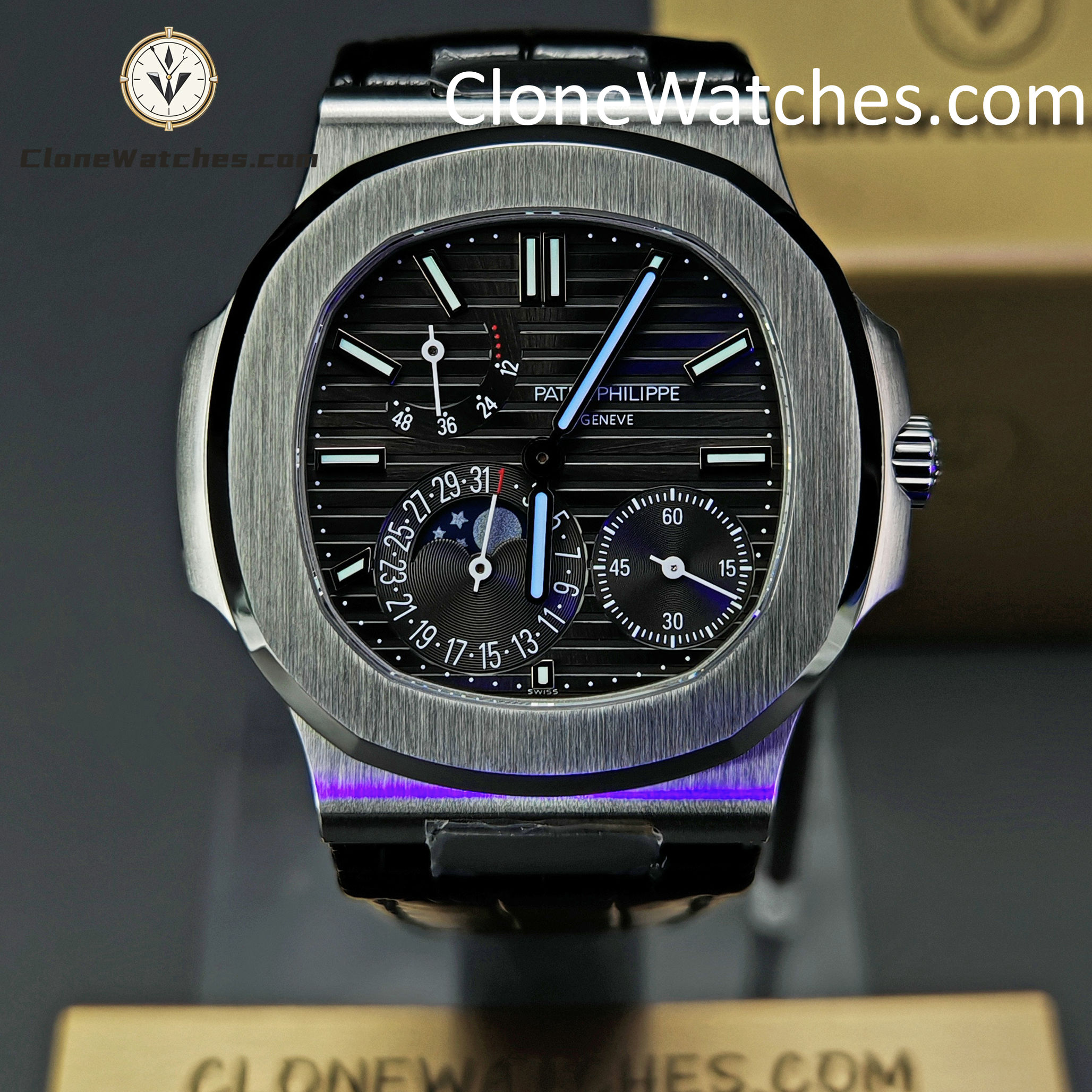 Patek Philippe Super Clone Watches 1:1 Nautilus 5712 Gray Dial Black Leather Strap