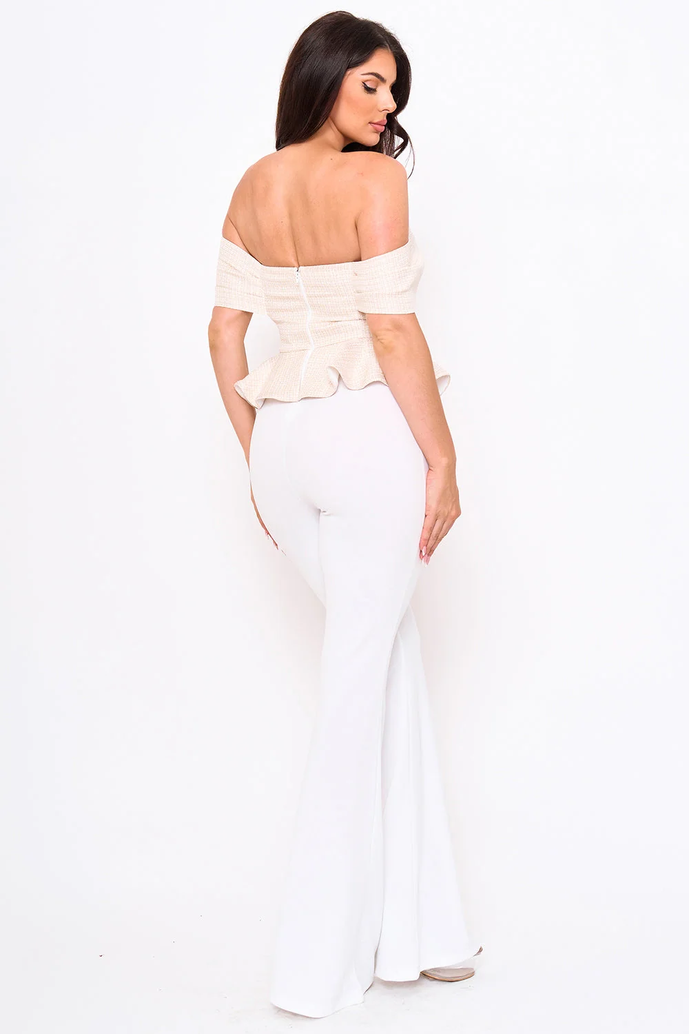 Symphony Jumpsuit - Tweed Off The Shoulder Peplum Top Jumpsuit