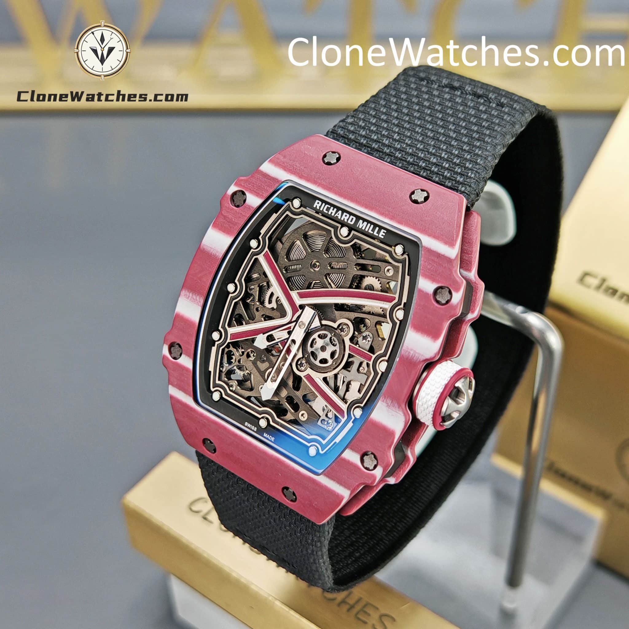 Richard Mille Super Clone Watches 1:1 RM 67 – 02 Red Carbon Tourbillon White Strap
