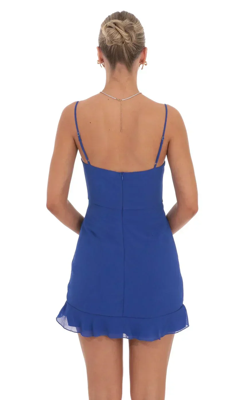 Chiffon Cowl Neck Ruched Dress in Blue