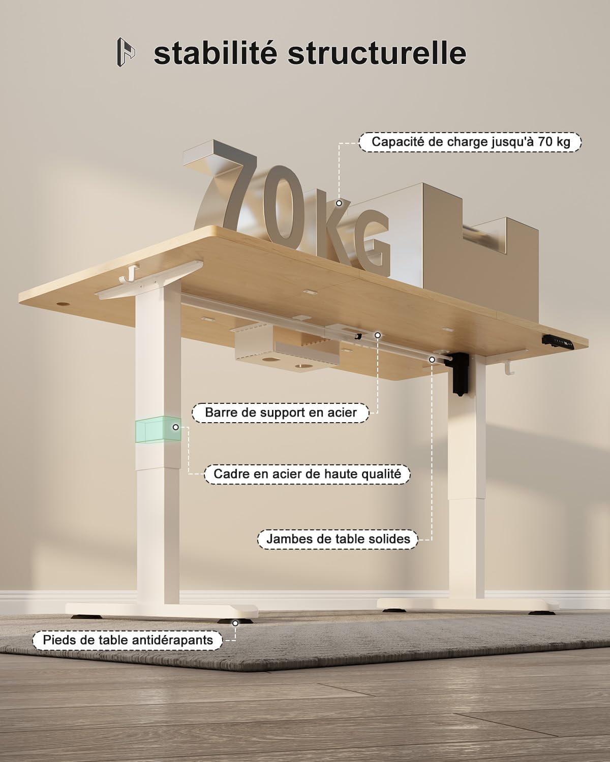 Bureau assis debout électrique 160x80 cm hauteur réglable mémoire anti collision
