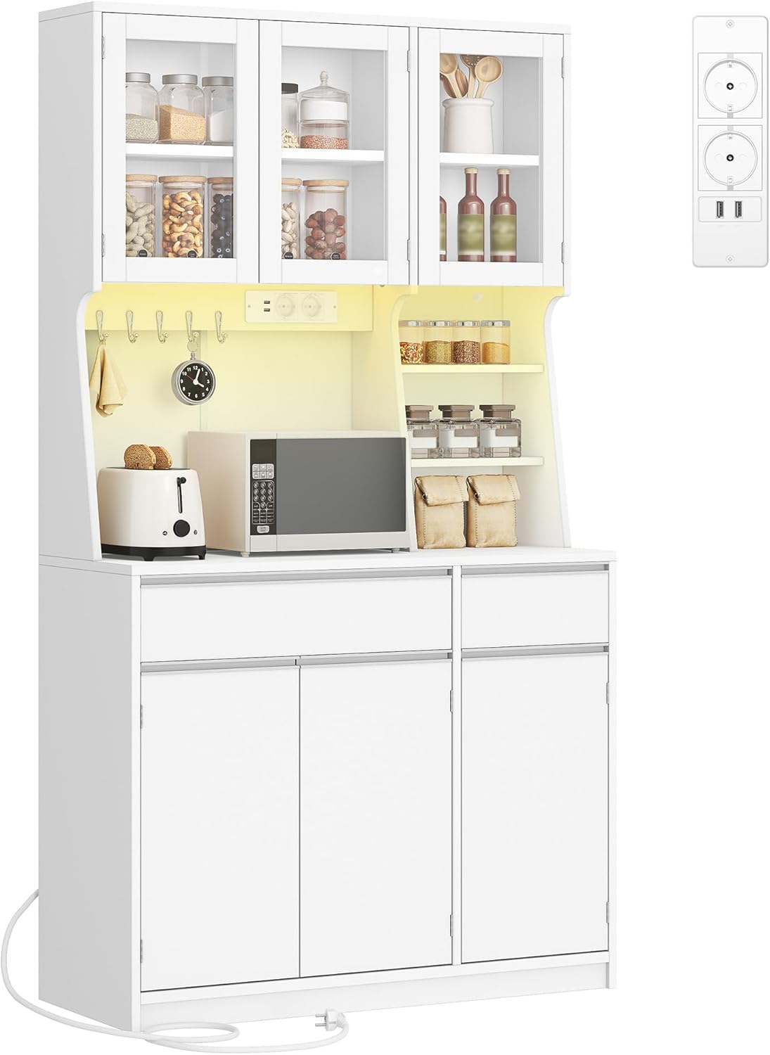 Buffet haut vaisselier avec prises LED plans travail tiroirs 40x100x180 cm blanc
