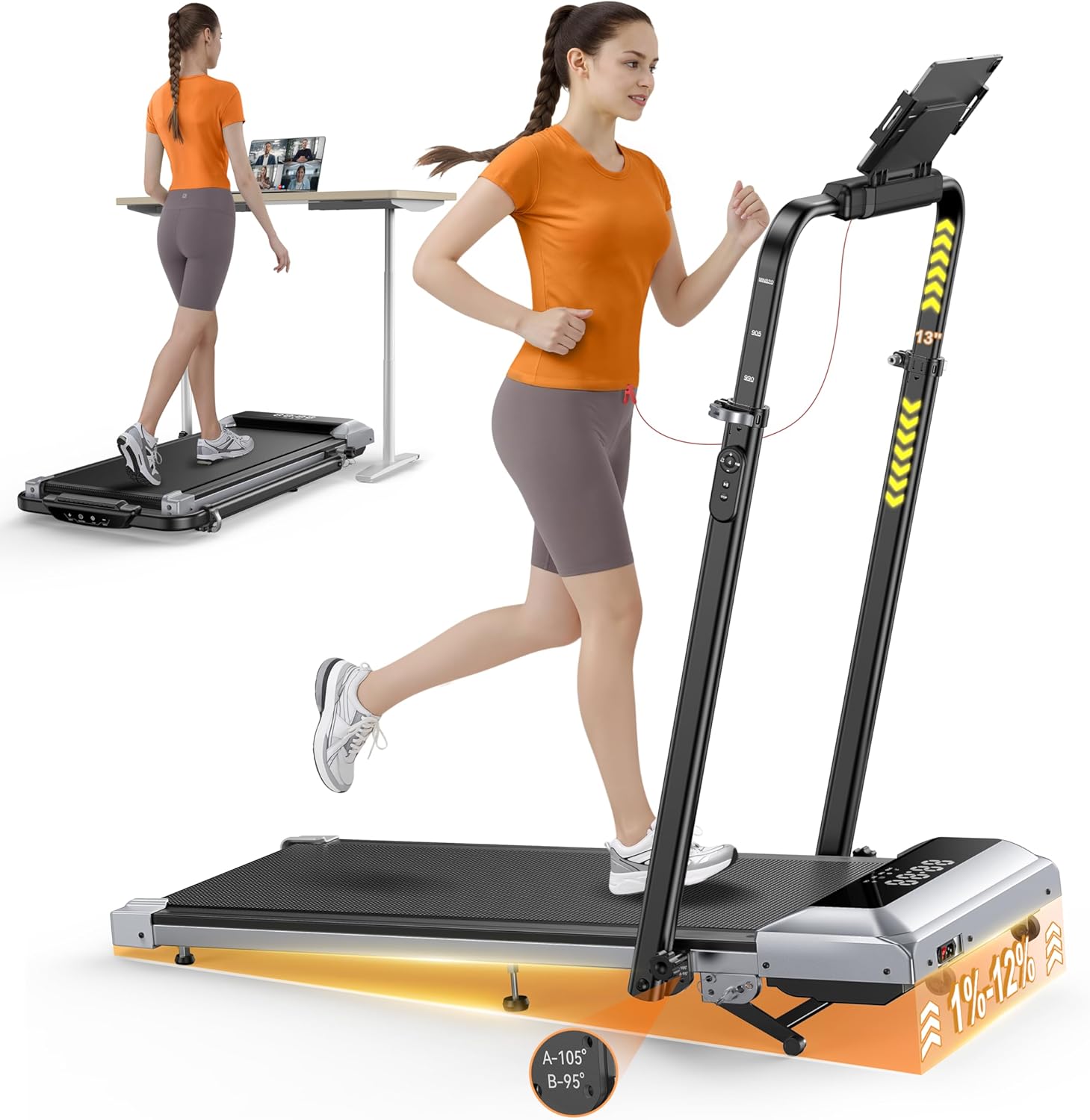 Tapis de course 6 en 1 pente 1 à 12% vitesse 12 km/h colonne télescopique 115 cm moteur 25 HP compact portable