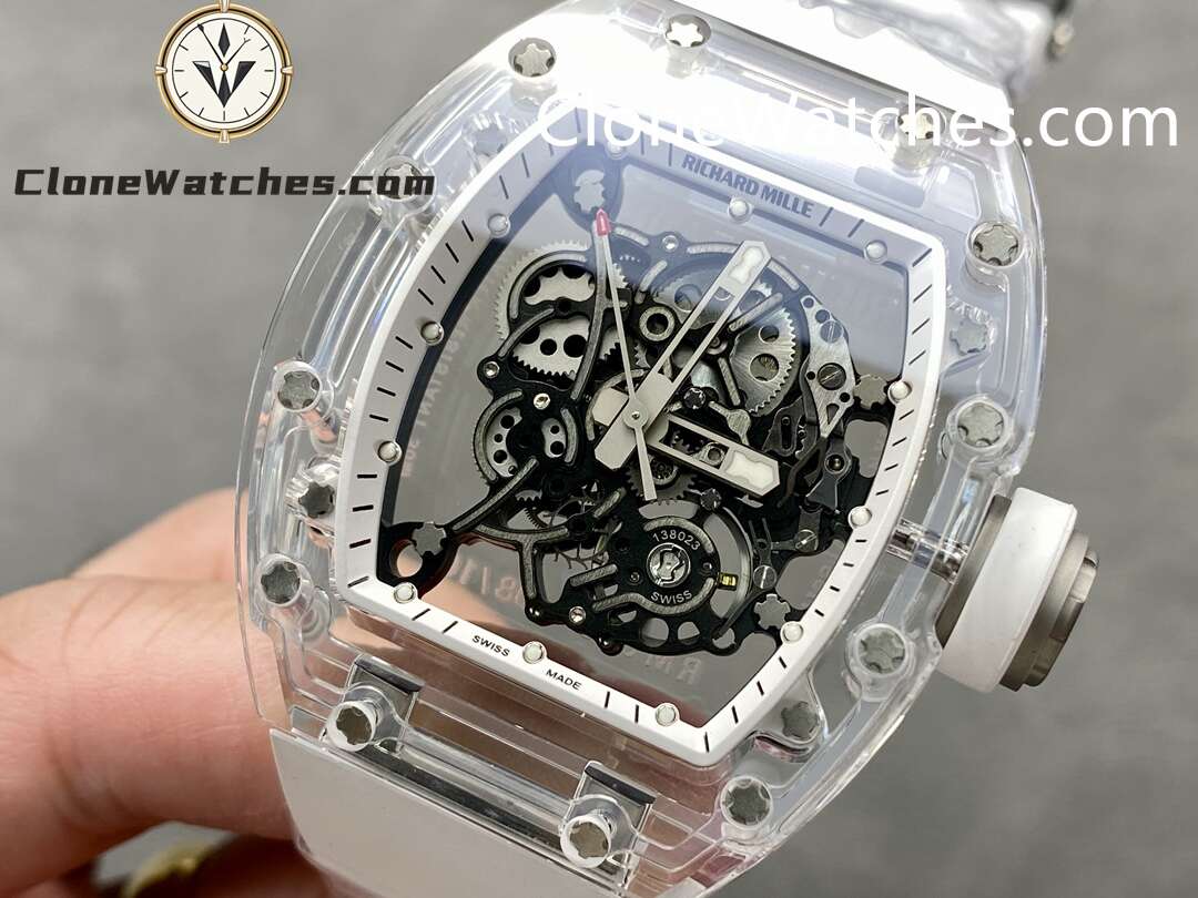 Richard Mille Super Clone Watches 1:1 RM 055 Ceramics Tourbillon Fully Transparent White Strap