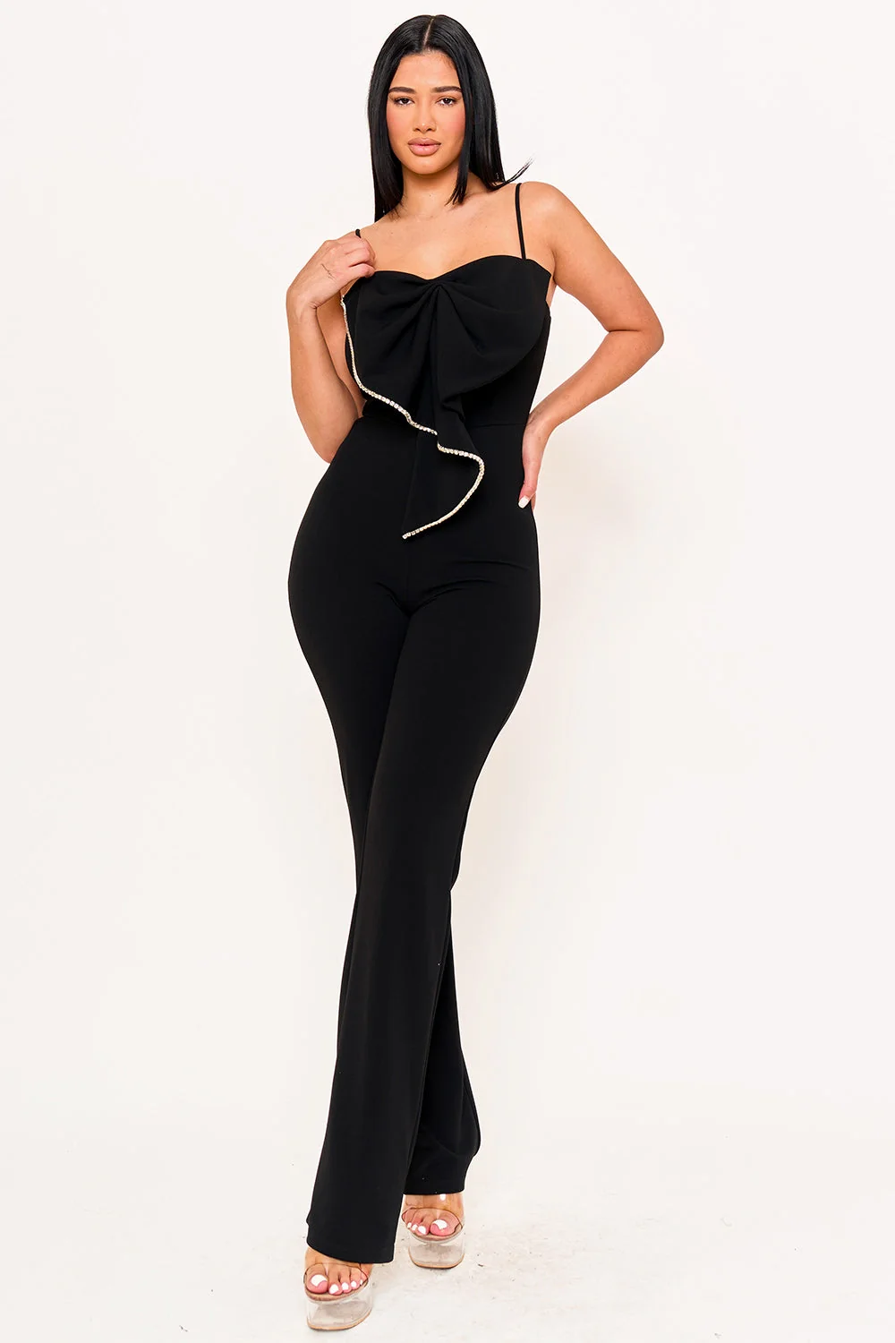 Symphony Jumpsuit - Rhinestone Trim The Edge Of The Bow Jumpsuit
