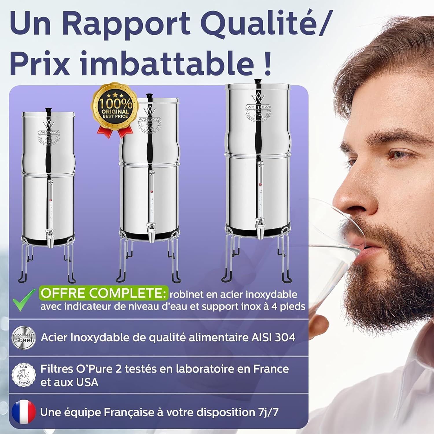 Filtration eau gravité 8,5 L inox AISI 304 avec éléments purification