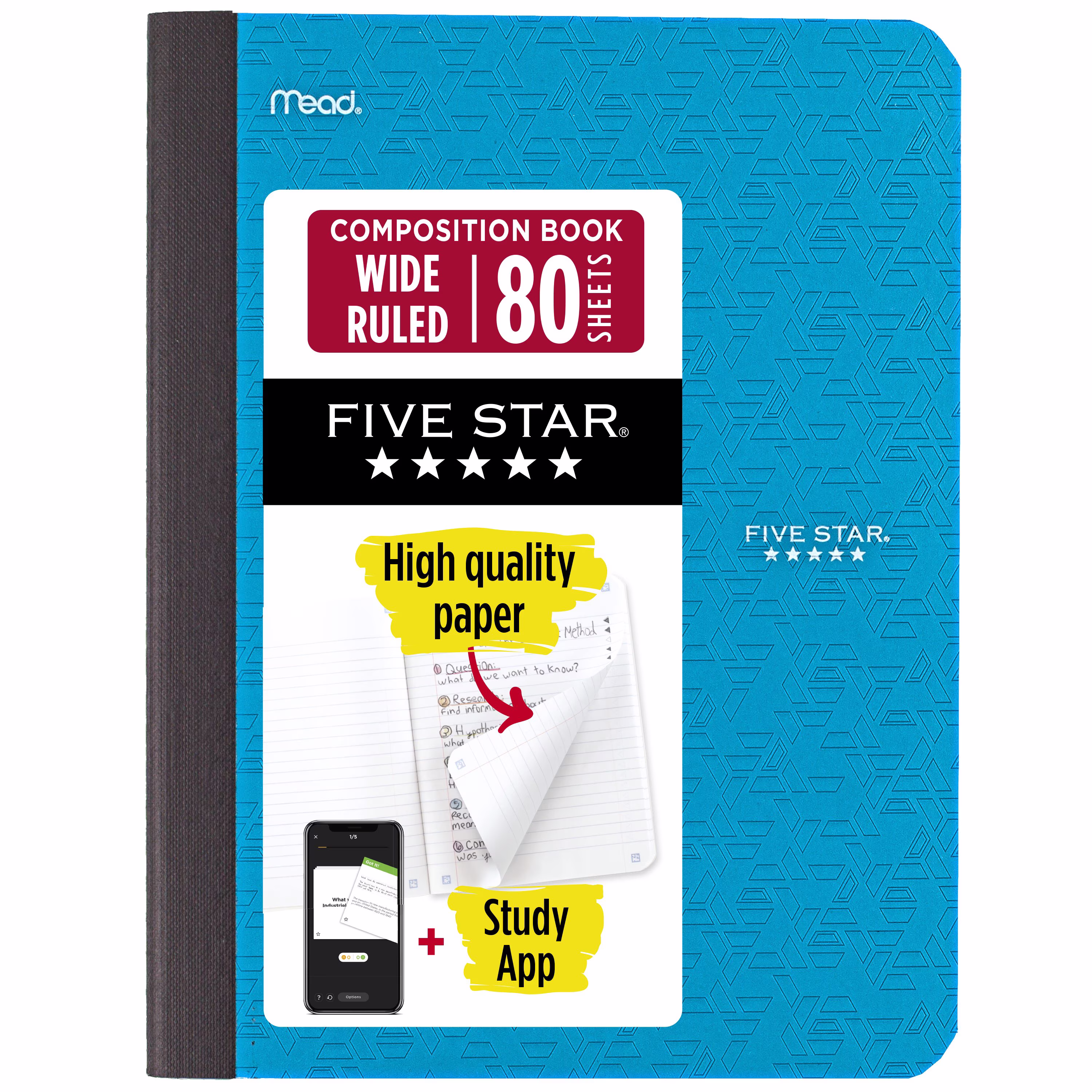 Five Star Composition Book Plus Study App, Wide Ruled, 80 Sheets, 7.5" x 9.75", Tidewater Blue