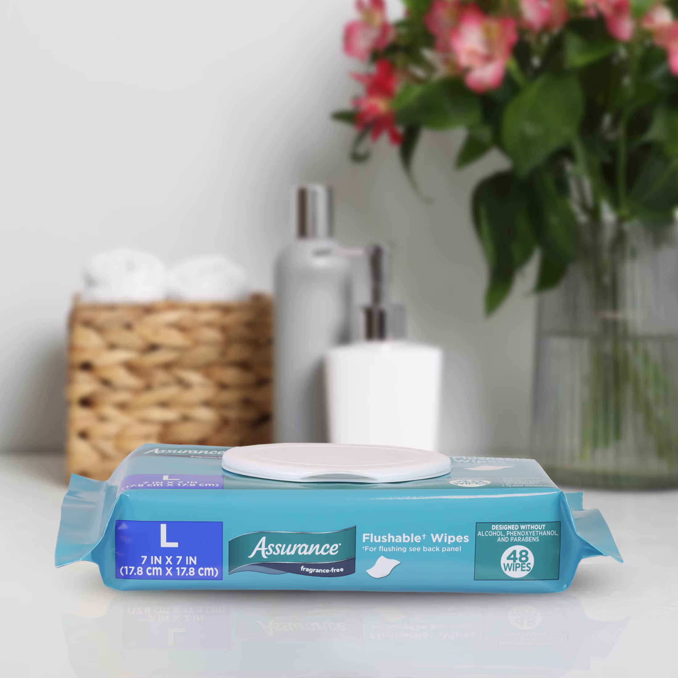 Assurance Large Flushable Wet Wipes, Fragrance Free, 48 Count