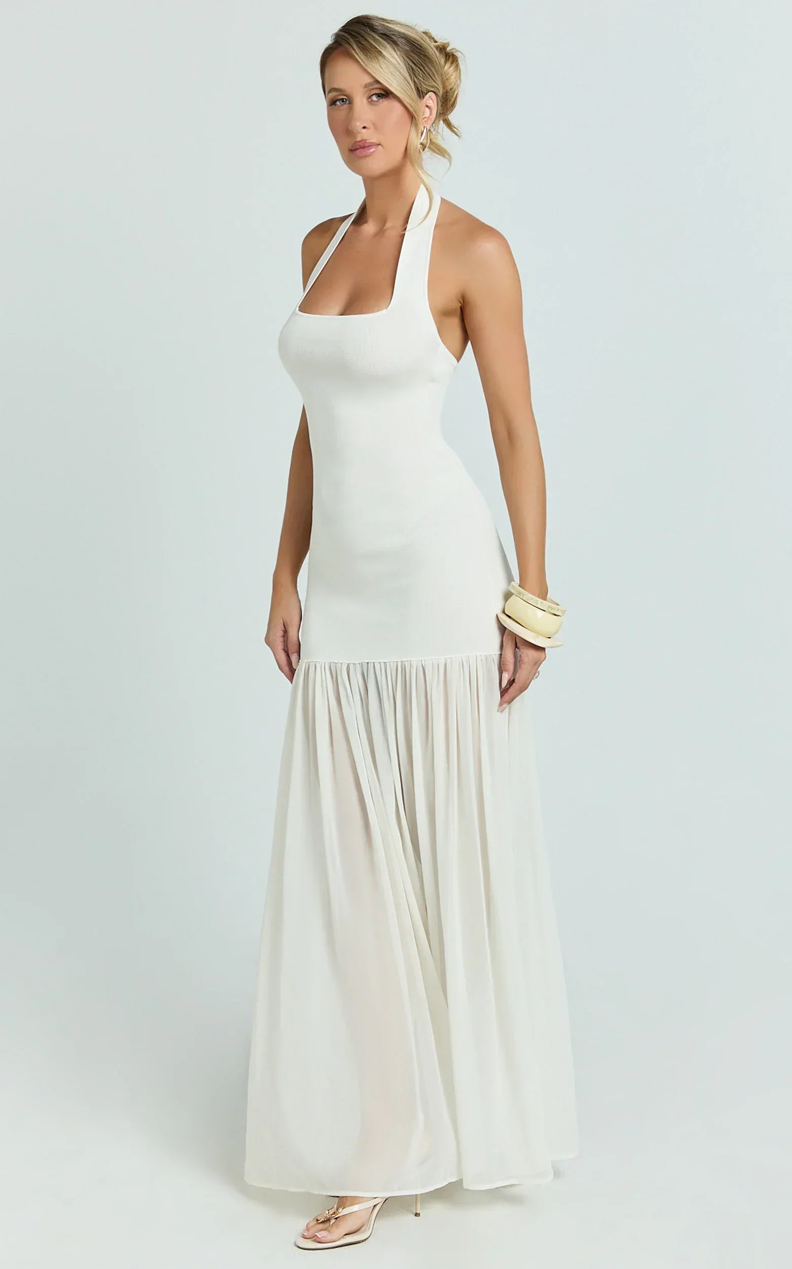Barbara Maxi Dress - Halter Scoop Neck Contrast Georgette Dress in Ivory