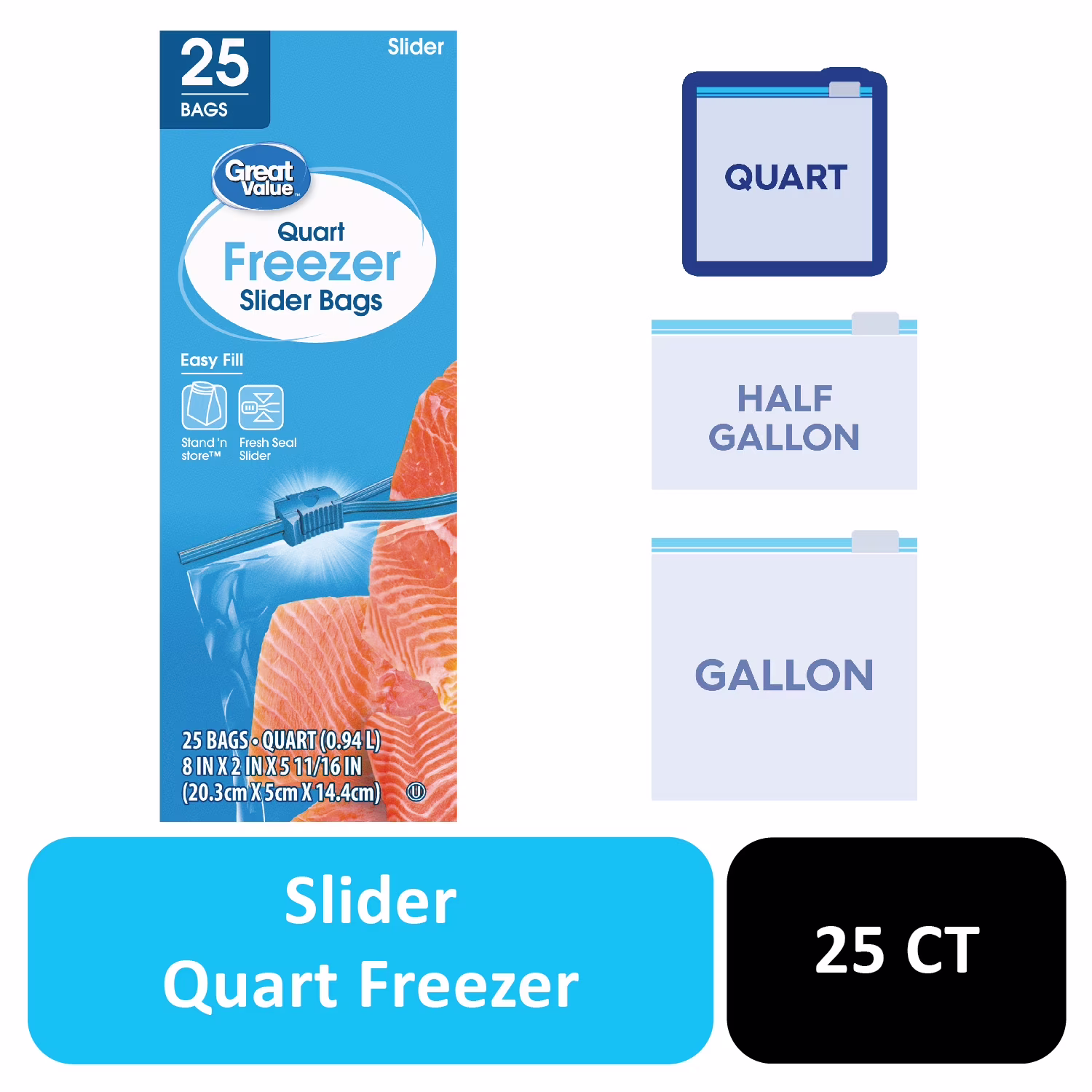 Great Value Slider Zipper Freezer Bags, Quart, 50 Count